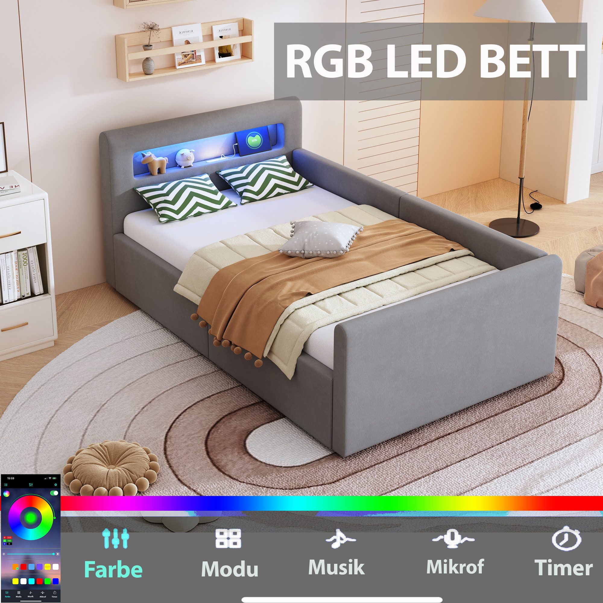 Flieks Polsterbett, Hydraulisches Stauraumbett Kinderbett 90x200cm mit Led günstig online kaufen