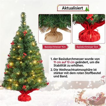 Yaheetech Künstlicher Weihnachtsbaum, 50/90 cm Mini Christbaum mit LED Beleuchtung & Roten Beeren