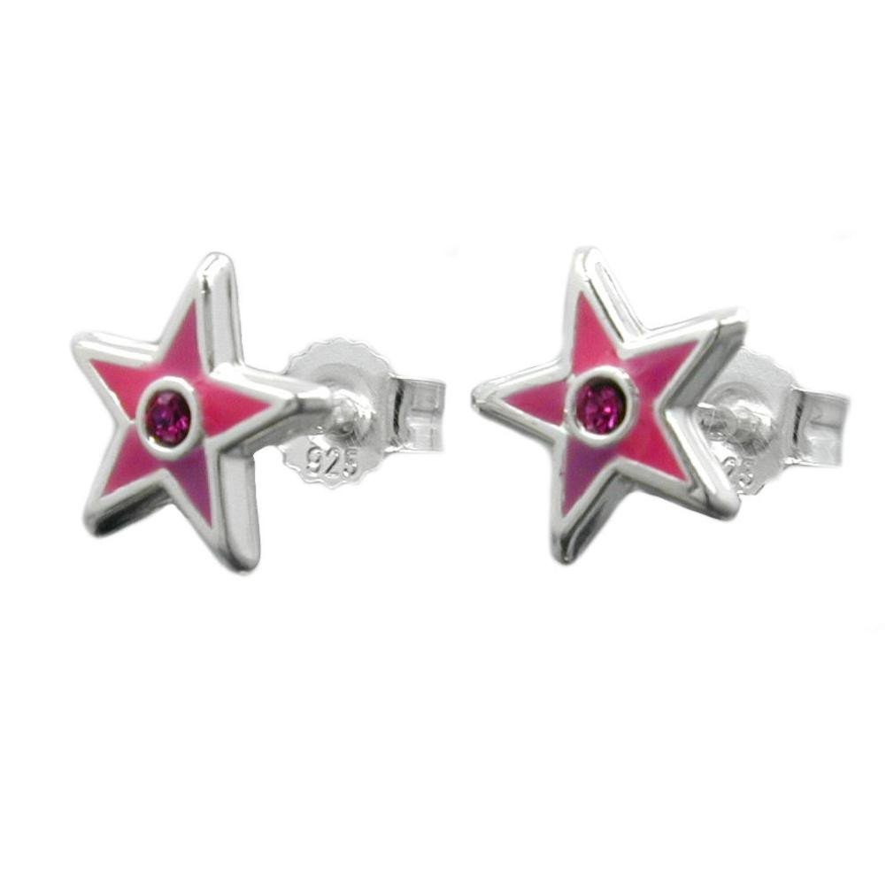 unbespielt Paar Ohrstecker Ohrringe Stecker Kinderohrringe Stern pink  lackiert mit rosa Glasstein 925 Silber 8 mm inklusive Schmuckbox,  Silberschmuck für Kinder