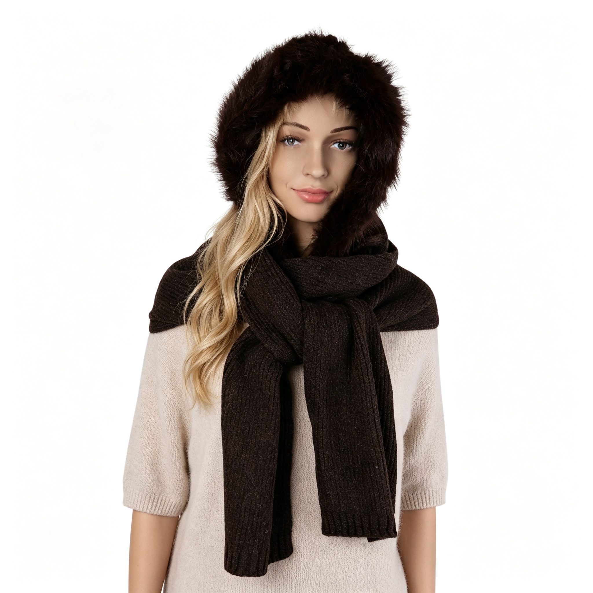 MIRROSI Strickmütze Damen BALACLAVA Kapuenschal 2 in 1 mit Fell (Neue Kollektion Herbst/Winter 2026) Damen Bala Mütze mit integriertem Kapuzenschal