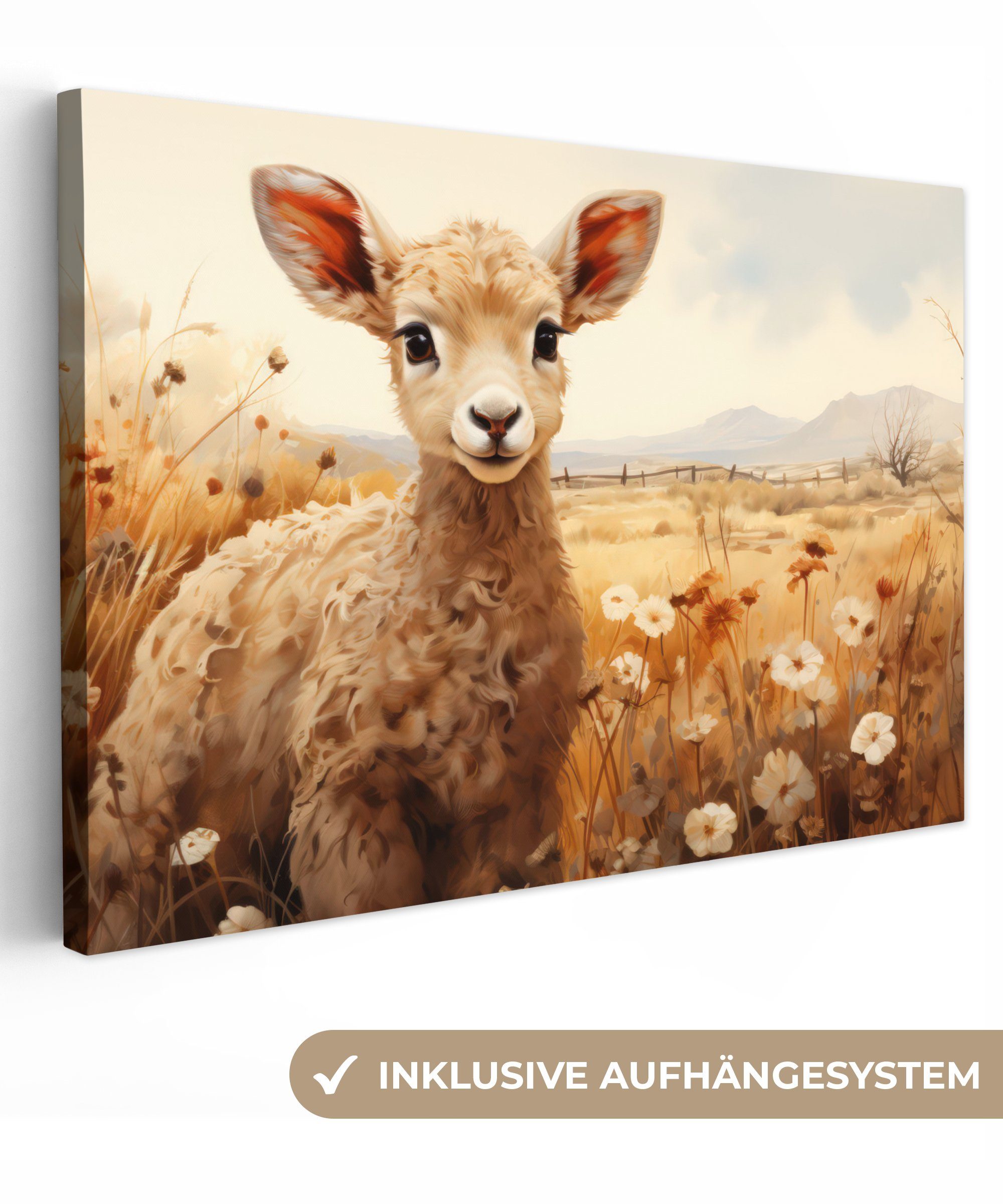 OneMillionCanvasses® Leinwandbild Vintage - Schaf - Lamm - Blumen - Natur - günstig online kaufen