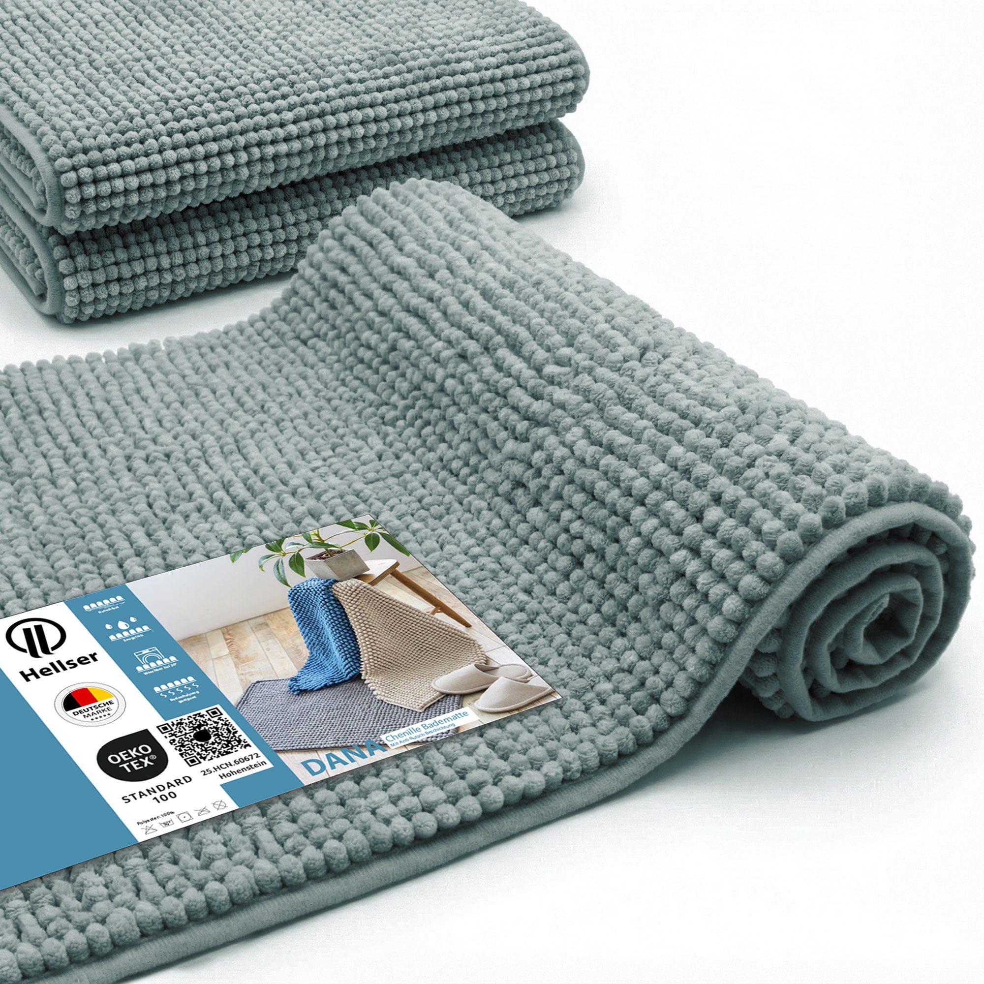 HELLSER Badematte DANA - Badezimmerteppich rutschfest & waschbar - Chenille, rutschhemmend beschichtet, fußbodenheizungsgeeignet, schnell trocknend, Polyester, - Weiche Chenille Badematte Kurzflor, OEKO-Tex-zertifiziert