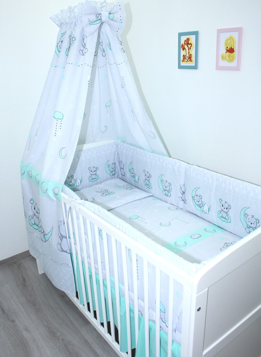 Babybettwäsche Baby Bettset- 6 teiliges mit 420 Nestchen Vollstoff Himmel Bettwäsche
