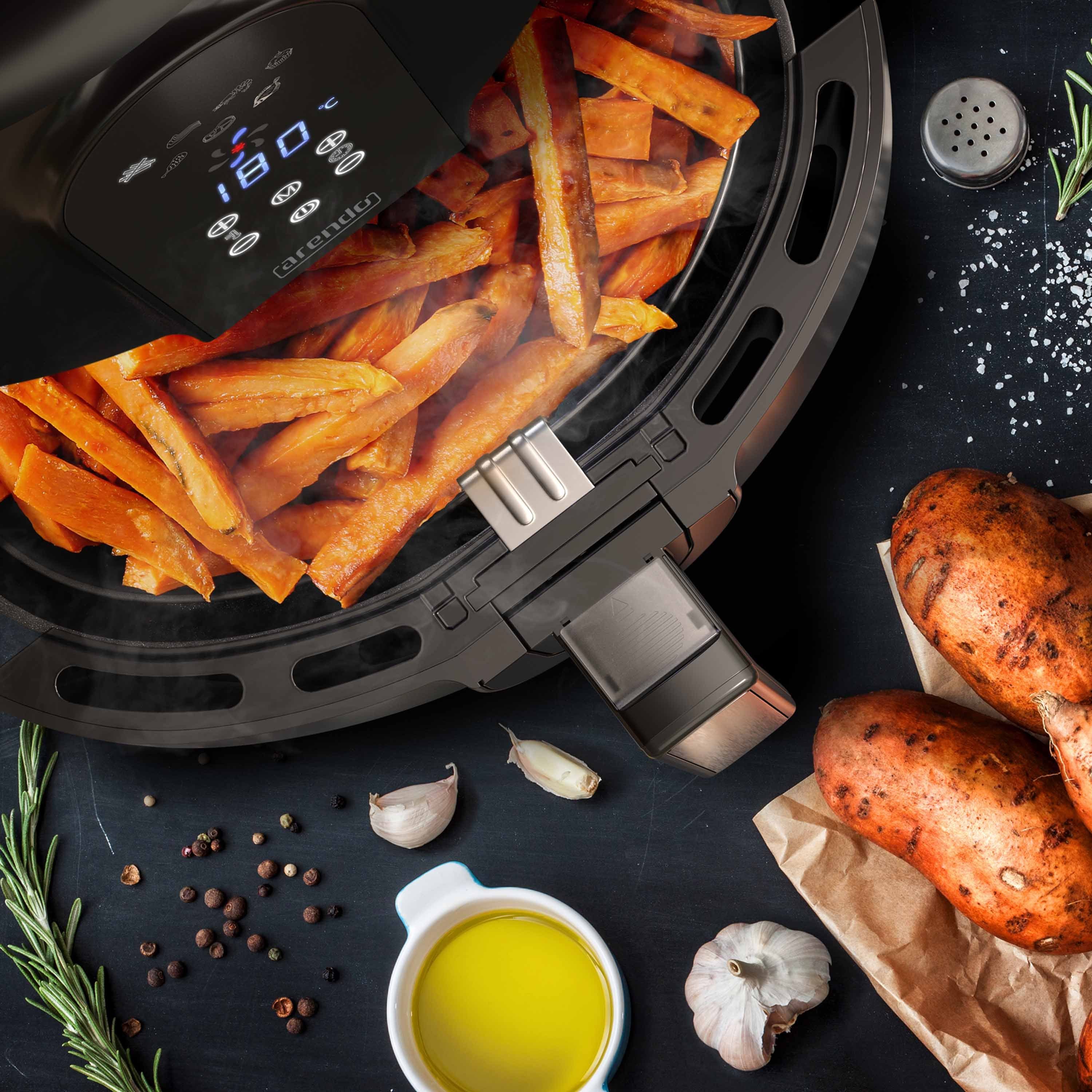 Arendo Heißluftfritteuse XXL Airfryer 5,2 Liter, bis 200 Grad, 3D Umluftsystem, Display, 1800 W, Fritteuse, Heissluftfritteuse, Frittieren ohne Öl, Timer, 7 Programme