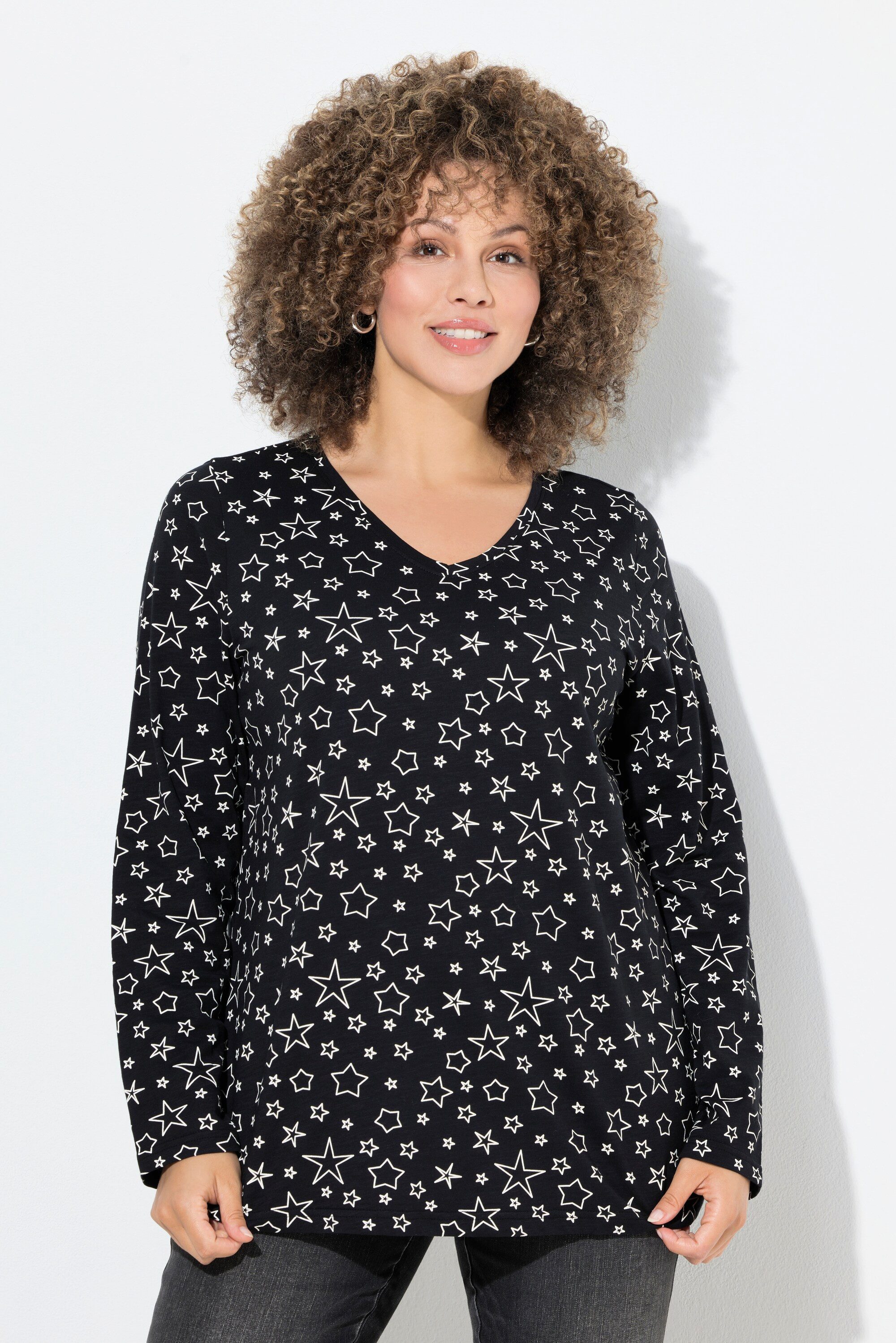 Ulla Popken T-Shirt Shirt bedruckt Classic V-Ausschnitt Langarm günstig online kaufen