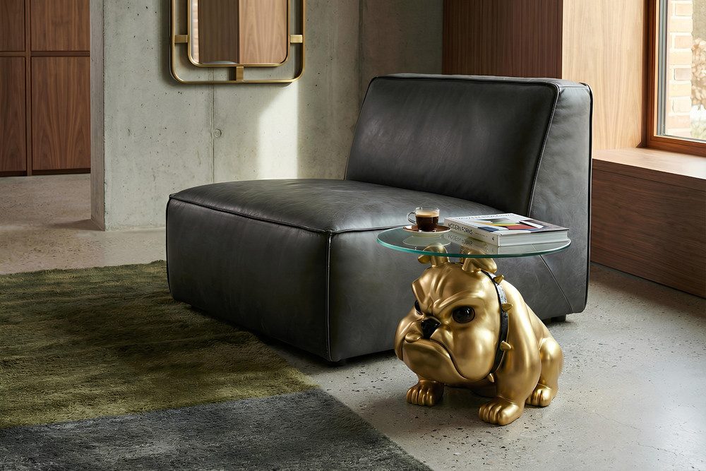 riess-ambiente Couchtisch BULLDOG 55cm gold - Polyresin, Glasplatte, Hunde-Skulptur, rund (Einzelartikel, 1-St), Extravaganter Beistelltisch - ideal für Wohn- und Esszimmer