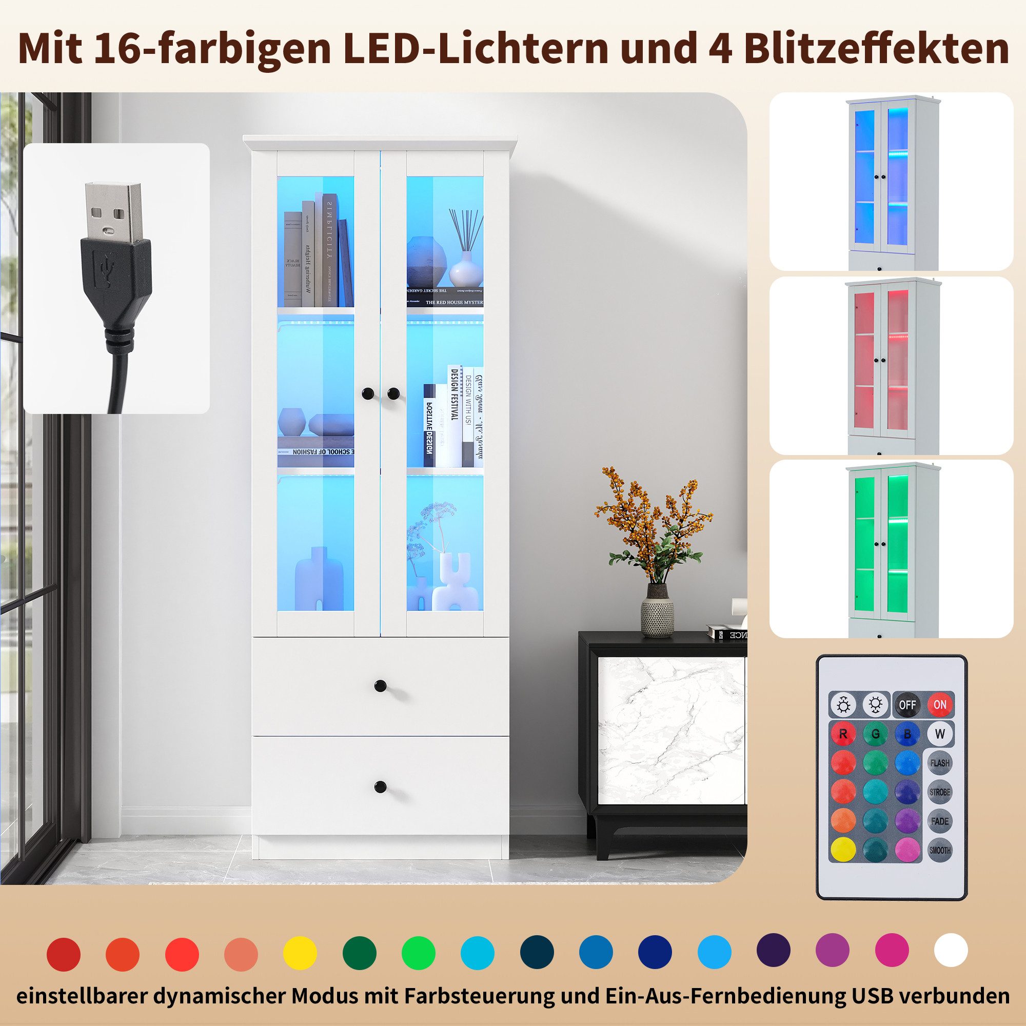 Merax Standvitrine schmal Vitrinen mit LED und USB-Anschluss (inkl.Fernbedienung, 1-St., Hochschrank Standregal Schrank Vitrine) Vitrinenschrank mit verstellbar – Bild 4 von 5