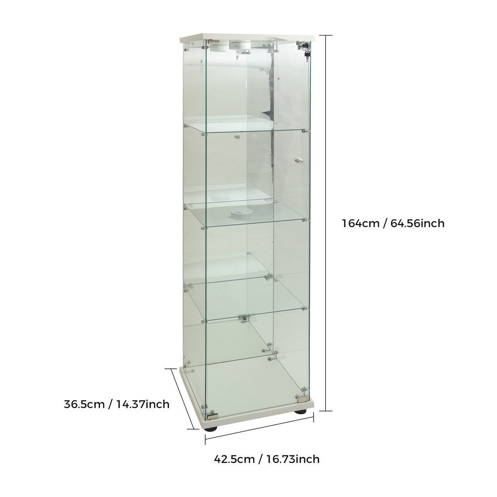 Simurq Glasvitrine Standvitrine mit LED, Glas Vitrinenschrank für Sammlung (1-St, 4 Lagen Glasschrank mit 1 Glastür, Glas Vitrine mit Schloss) Glasvitrine Stehend, perfekt für Sammler, Sammelvitrine