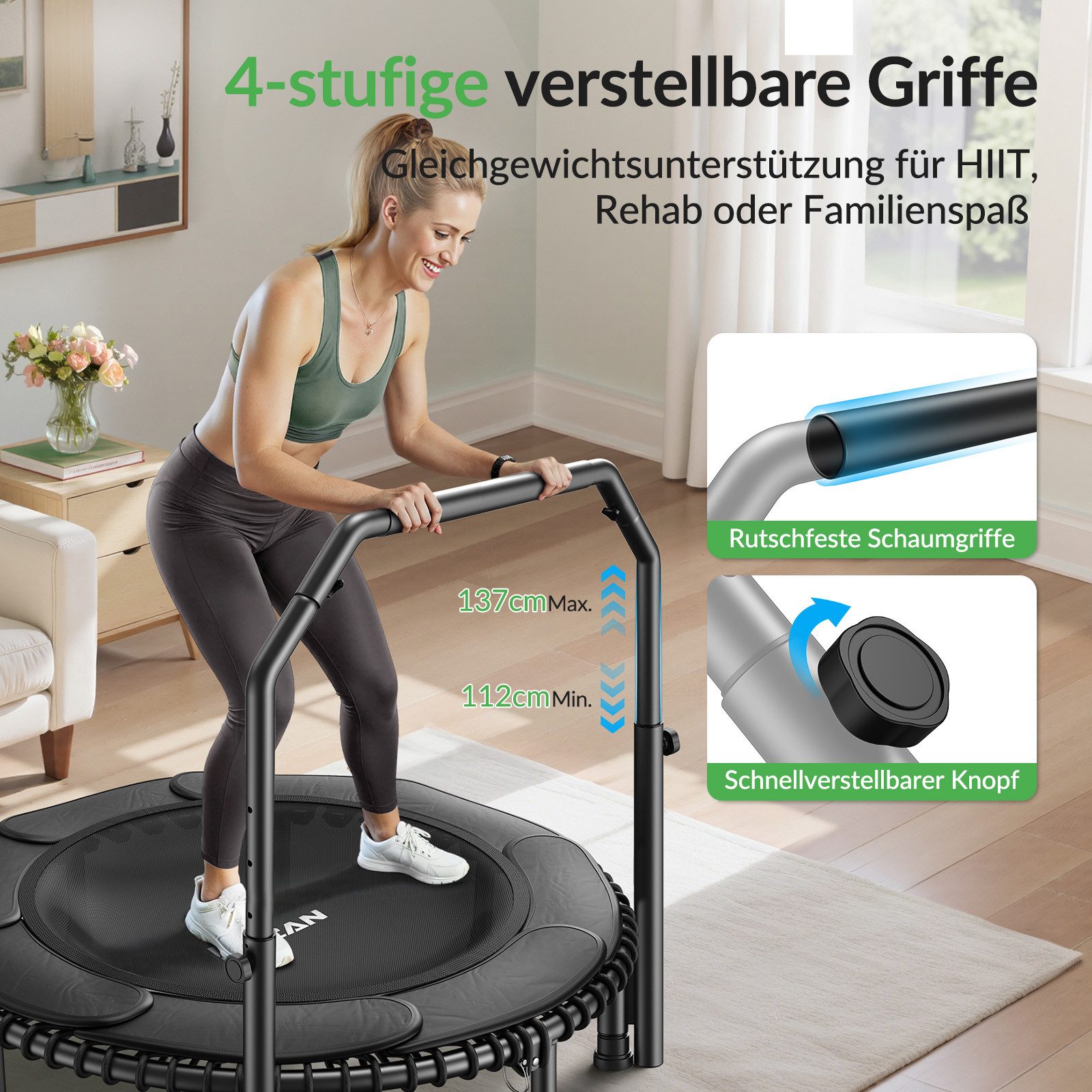 BCAN Fitnesstrampolin 48“ Rebounder-Trampolin für Erwachsene, 226 kg Tragkraft, Ø 122 cm, (1 tlg), Bungee-Seilen, Verstellbarer Griff, stabil, leise, Innen/außen