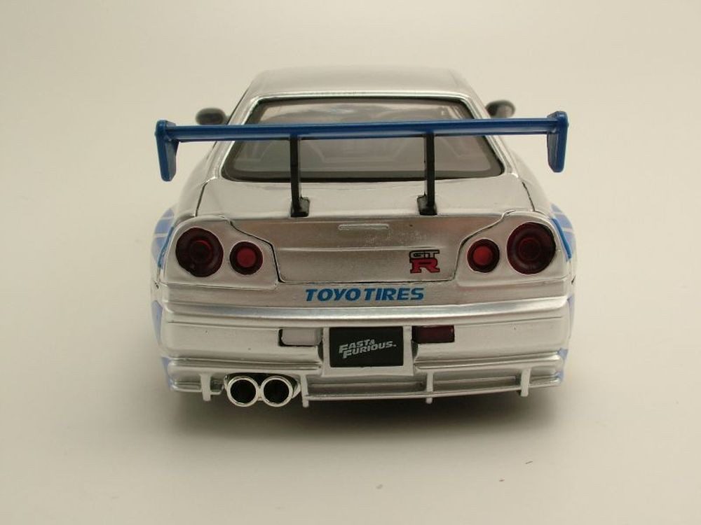 JADA model car Nissan Skyline GT-R R34 2002 silver blue Brian Fast & Furious, scale 1:24