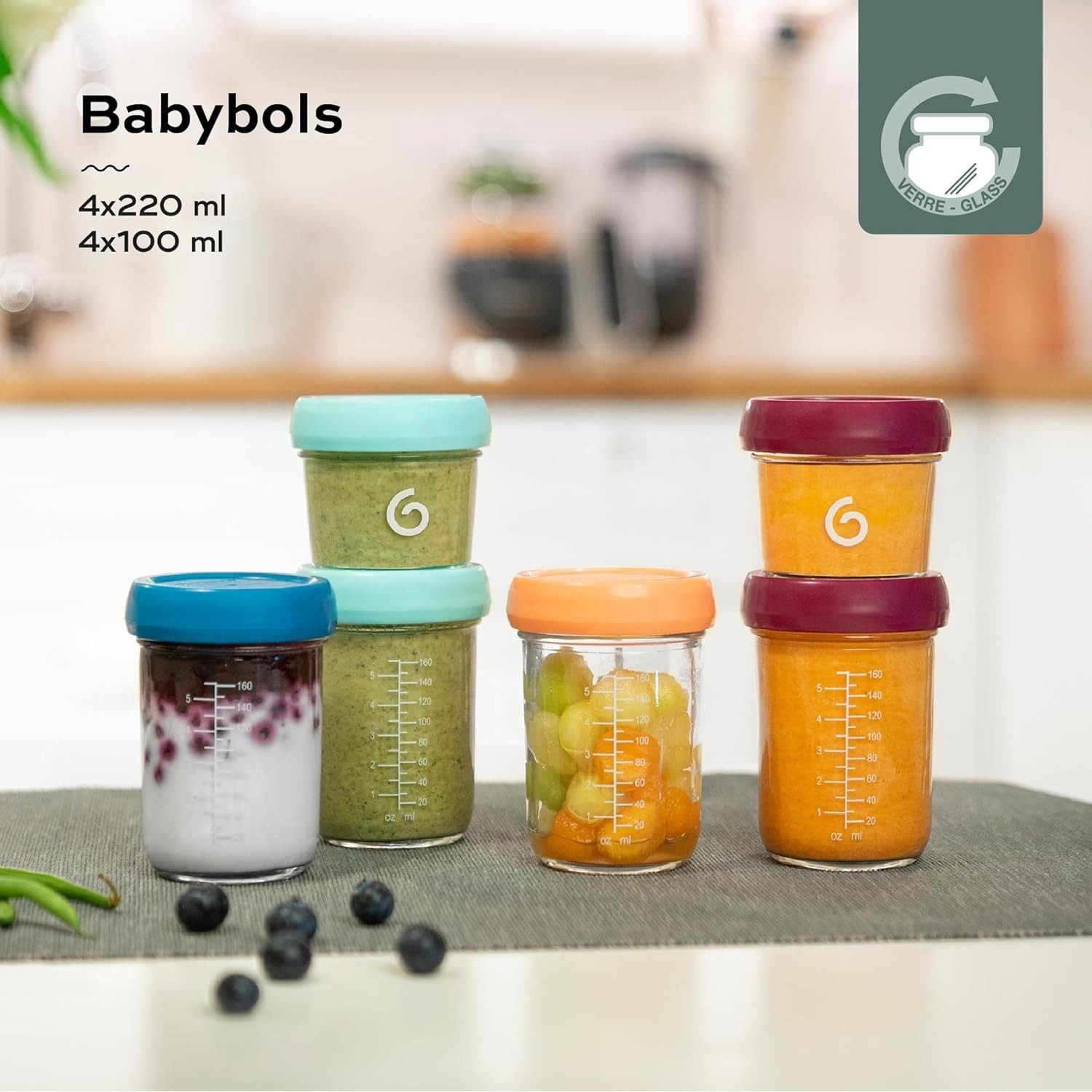 BABYMOOV Aufbewahrungsbox 8er Set Glas Behälter Babynahrung - Aufbewahren Einfrieren Babybrei