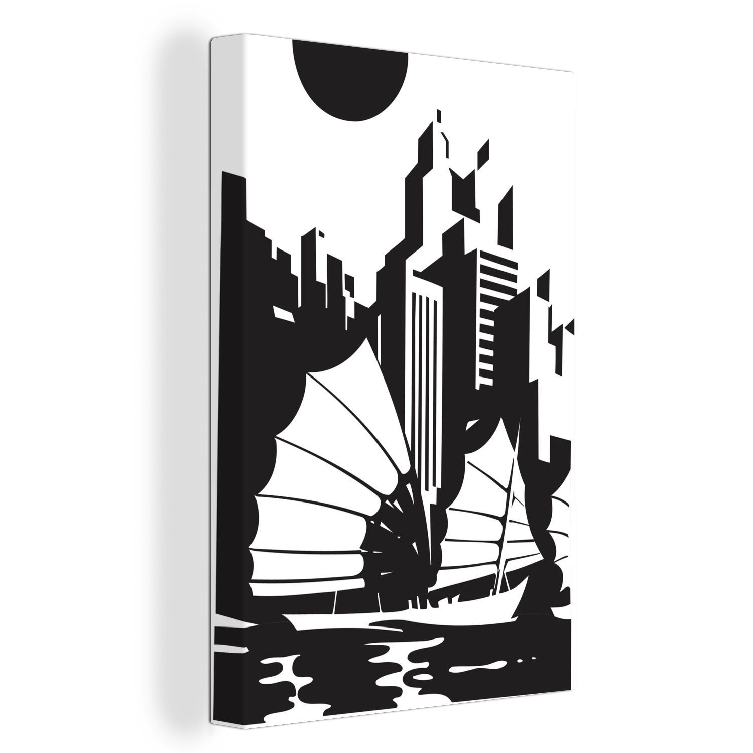 OneMillionCanvasses® Leinwandbild Eine schwarz-weiße Illustration von Hongkong mit einem Boot, (1 St), Leinwandbild fertig bespannt inkl. Zackenaufhänger, Gemälde, 20x30 cm
