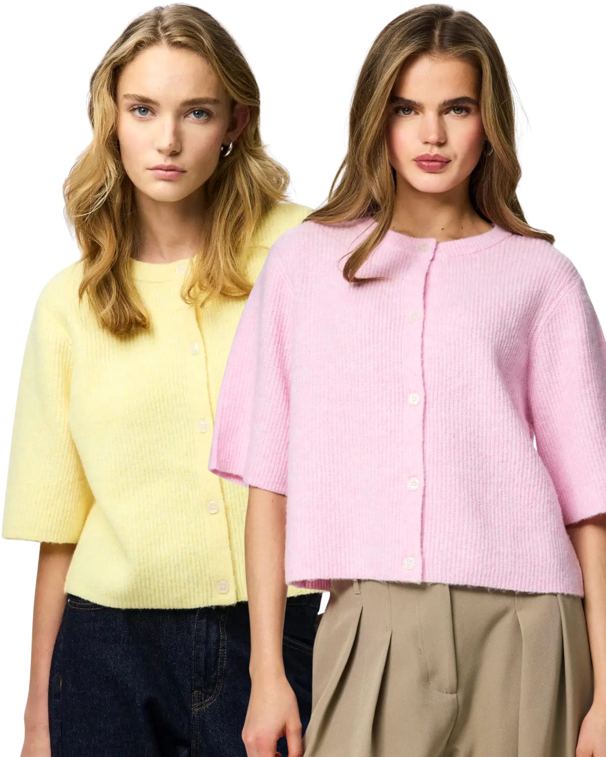 pieces Strickjacke (Spar-Set, 2er-Pack) Rippstrick-Cardigan mit kurzen, voluminösen Ärmeln