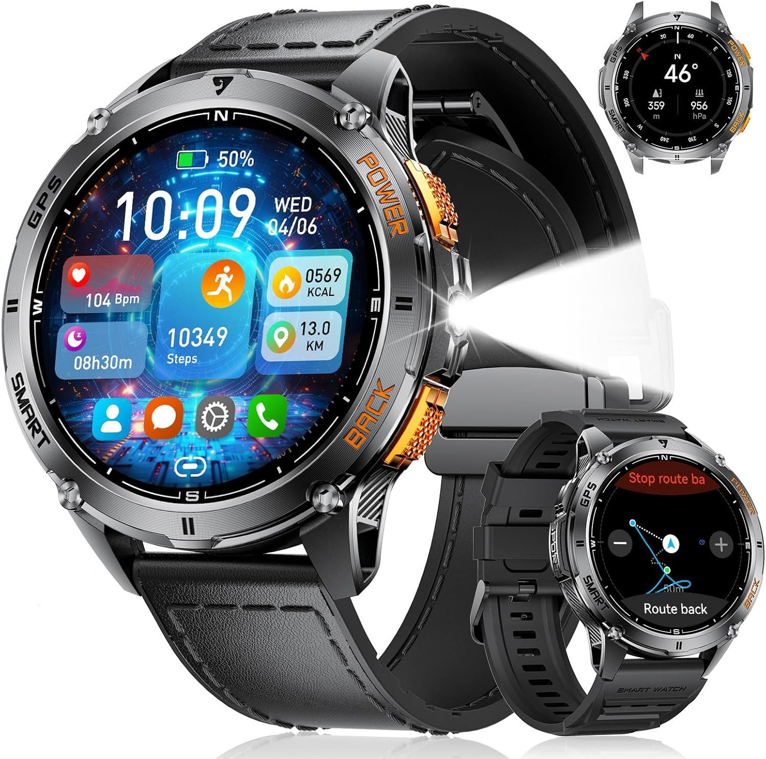 Lige DM4-A Smartwatch (3,6 cm, android ios), Herren Smartwatch mit GPS Navigation, 1.43" AMOLED Display