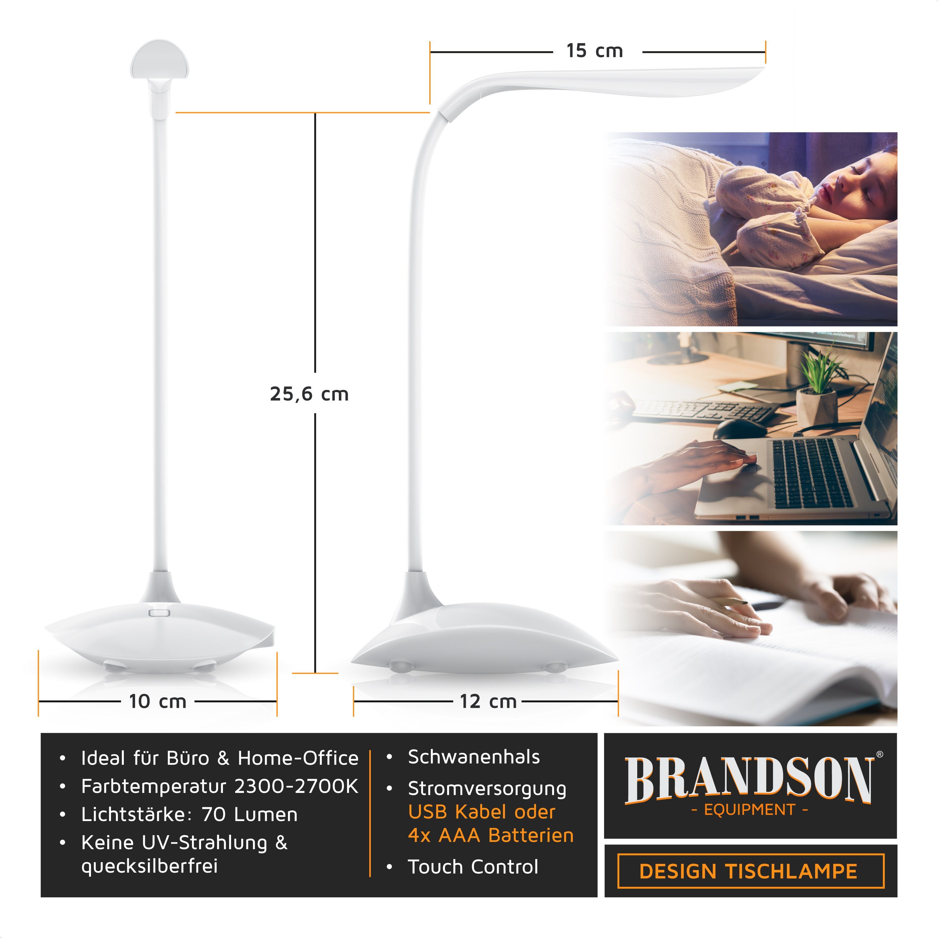 integriert, Batteriebetrieb LED Brandson warmweiß, Schreibtischlampe, fest mehrere Helligkeitsstufen, 3 LED, Stromsparend, Helligkeitsstufen, möglich