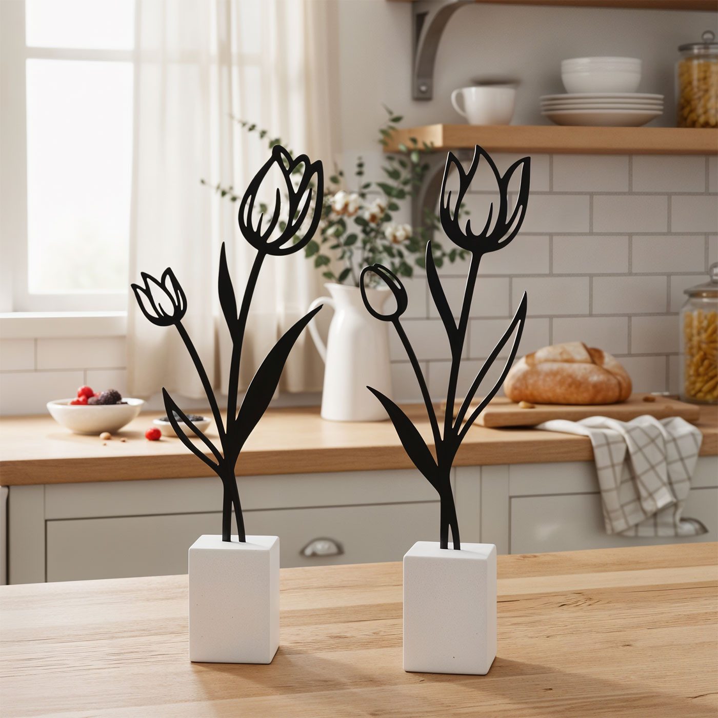 Levandeo® Dekoobjekt 2er Set Metall Blume Tulpe Schwarz Beton Grau Draht Deko Aufsteller Ti – Bild 5 von 5