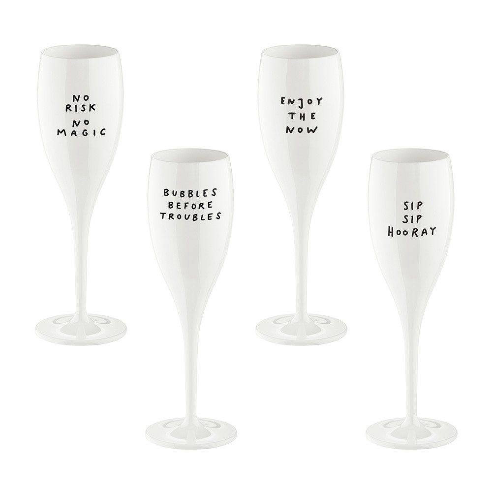 KOZIOL Sektglas CHEERS No. 1 SAY IT IN STYLE Glas 100 ml mit Druck, 4 Motive, 4-tlg., Kunststoff, spülmaschinengeeignet