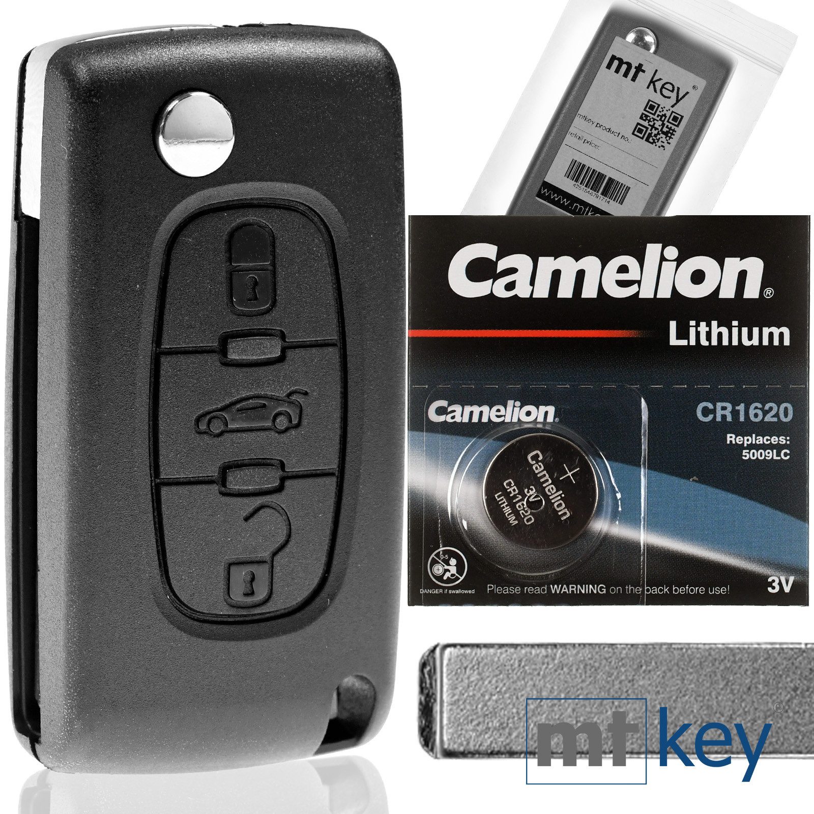 mt-key Klapp Schlüssel Reparatur Gehäuse 3 Tasten + HU83 Rohling + 1x CR1620 Knopfzelle, CR1620 (3 V), für Peugeot Citroen Boxer Partner Ranch 607 Funk Fernbedienung