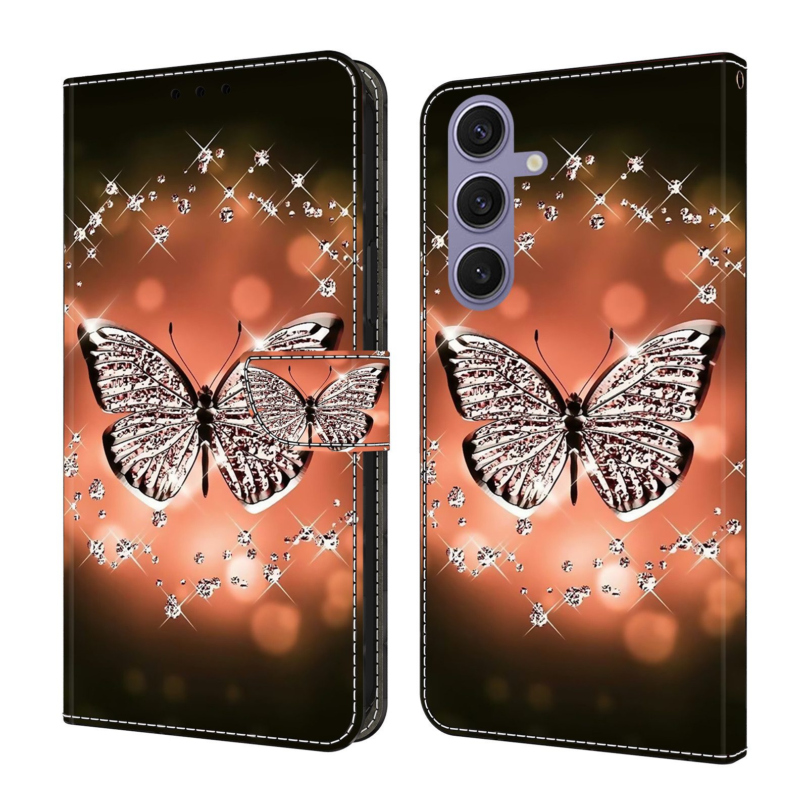 CLM-Tech Handytasche für Samsung Galaxy S25 Hülle aus PU-Leder Klapphülle (Schmetterling Diamanten Muster, Handyhülle mit Standfunktion - Wallet Flip Case inklusive Kartenfächer), Cover mit Magnetverschluss - Samsung Galaxy S25 Schutzhülle