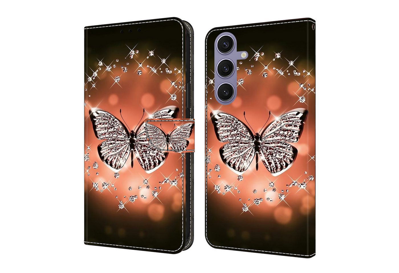 CLM-Tech Handytasche für Samsung Galaxy S25 Hülle aus PU-Leder Klapphülle (Schmetterling Diamanten Muster, Handyhülle mit Standfunktion - Wallet Flip Case inklusive Kartenfächer), Cover mit Magnetverschluss - Samsung Galaxy S25 Schutzhülle