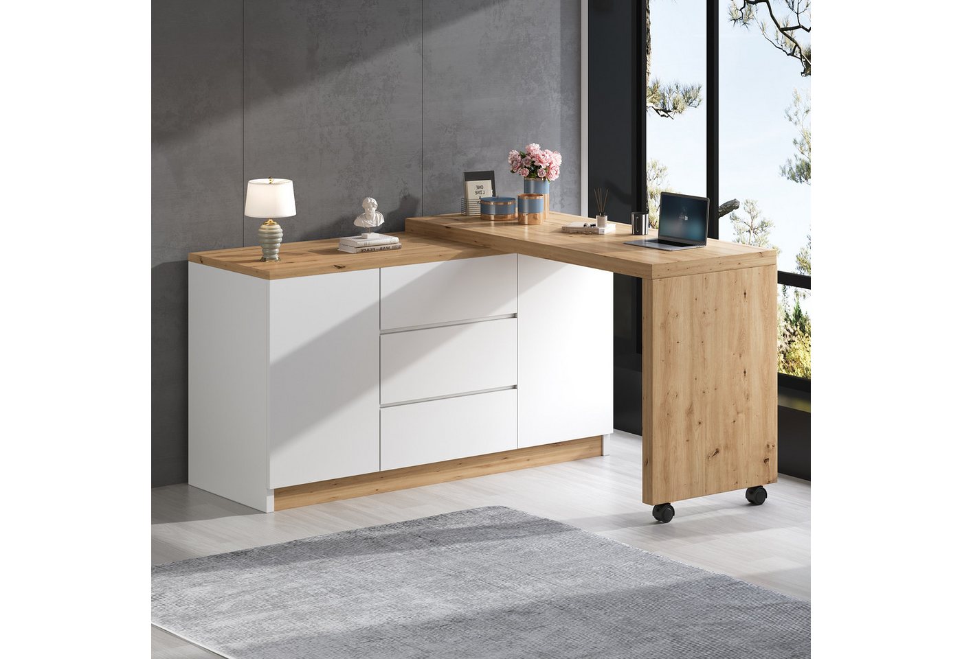 Celya Schreibtisch Eckschreibtisch mit feststellbaren Rollen, multifunktionales Design (weiß/Eiche, Faltbarer Schreibtisch, Sideboard,Dicke Materialie), 4 cm dickere, drehbare Tischplatte, fest arretierbar
