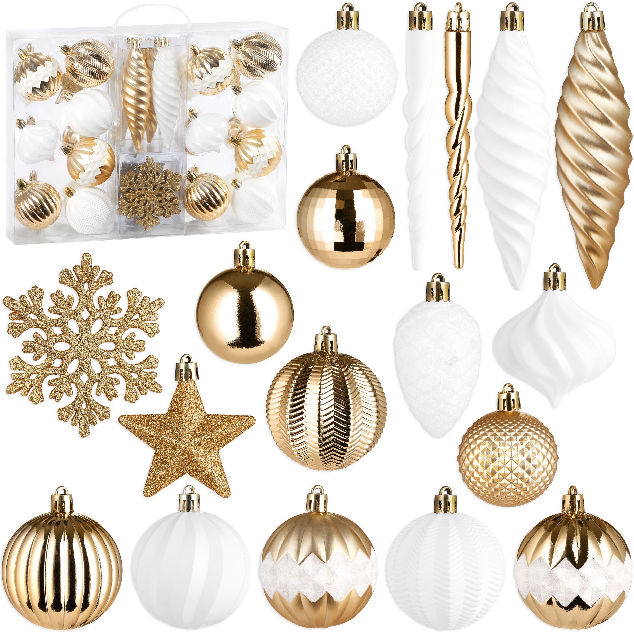 BRUBAKER Weihnachtsbaumkugel 50 -tlg. Premium Christbaumschmuck - Weihnachtskugel Set (50 St), Glitzer Kugeln, Schneeflocken, Eiszapfen und Tannenzapfen Baumschmuck