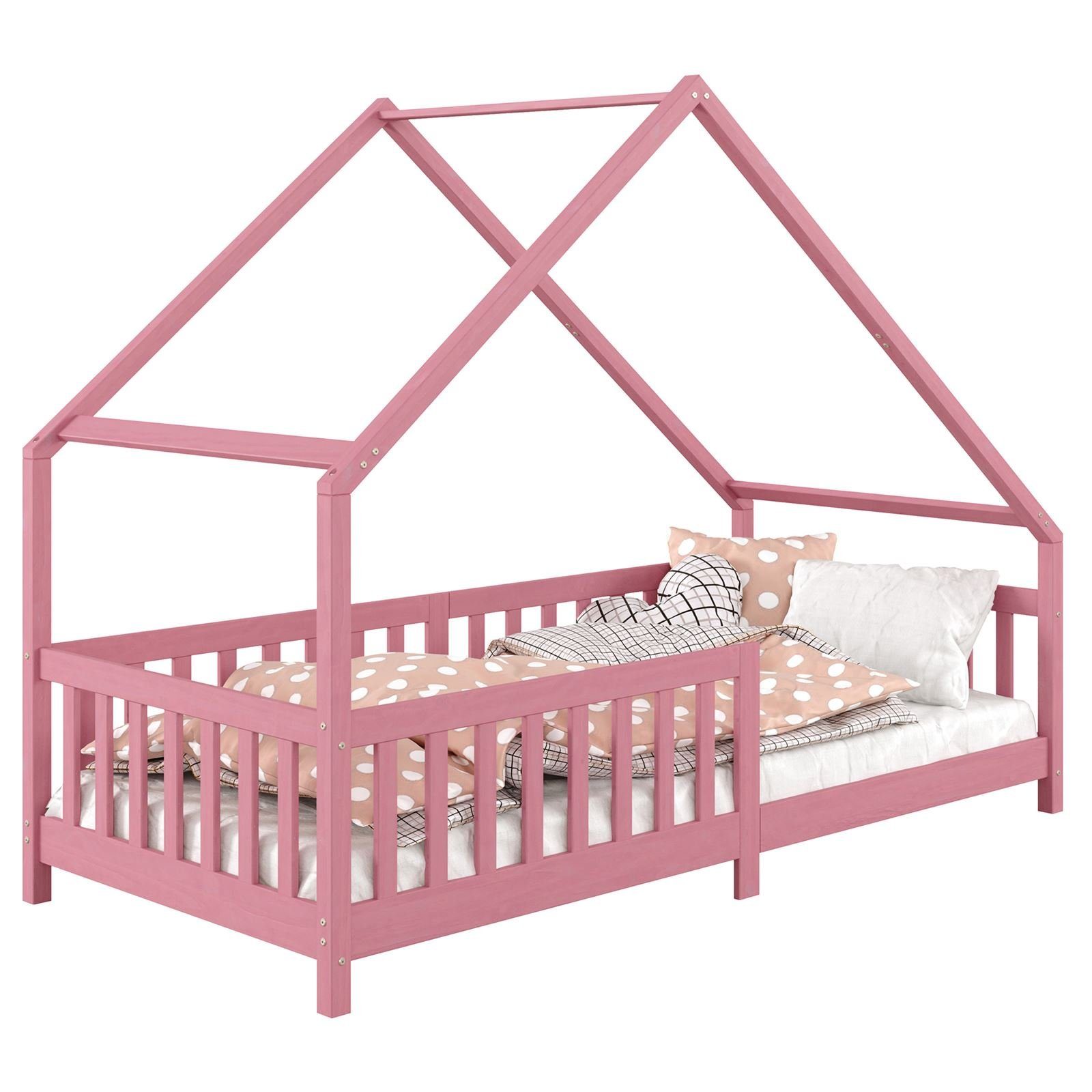IDIMEX Kinderbett CORA, Hausbett Montessori Bett 90 x 200 Kinderbett Rausfallschutz Kiefer in rosa