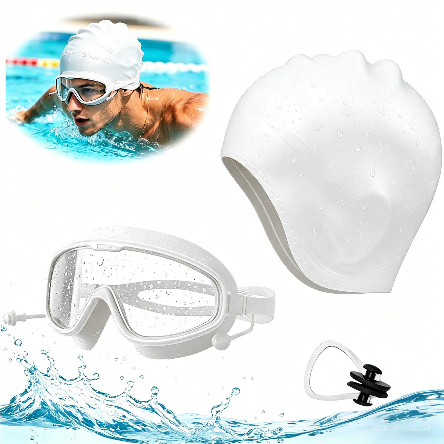 Mutig Schwimmbrille Schwimmbrille Set mit Badekappe & Nasenklammer HD Anti-Beschlag Unisex, (3D-Ohrenschutz Schwimmkappe aus Silikon für Damen & Herren, Schwimmmaske mit Großen Gläsern Wasserdicht &  Anti Fog Klar Weitwinkel), Premium Komfort für Training & Freizeit – für Erwachsene & Jugendliche