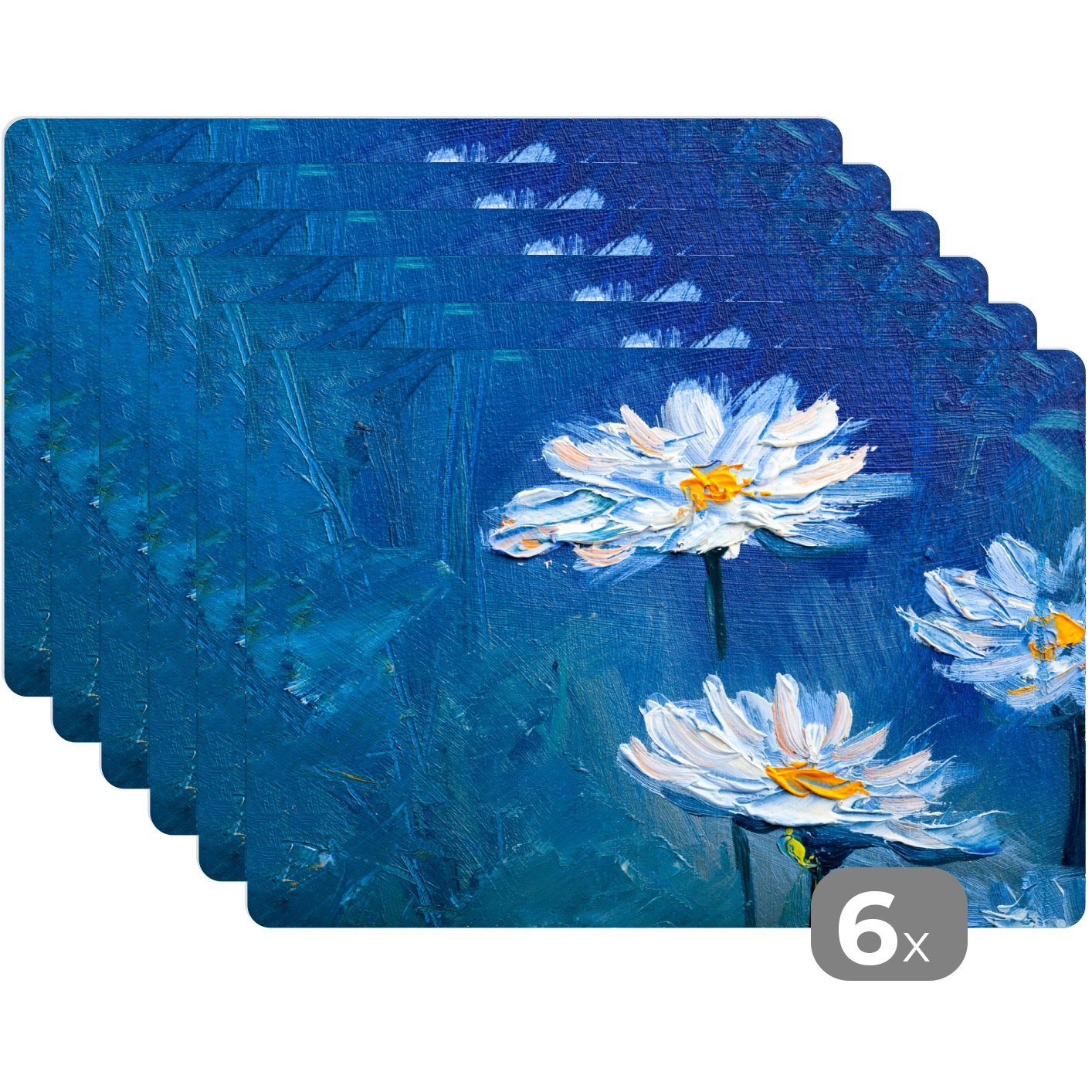 Platzset, - Platzset, - Blau, (6-St), Ölfarbe Platzmatte, Schmutzabweisend Tischmatten, MuchoWow, Blumen - Platzdecken, Gemälde
