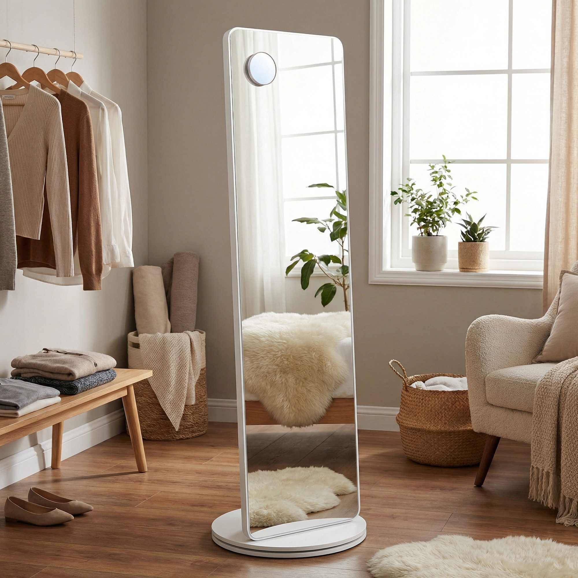 SONGMICS Standspiegel, 360° drehbar, mit Sockel, Ablagen und Haken, klares Hartglas