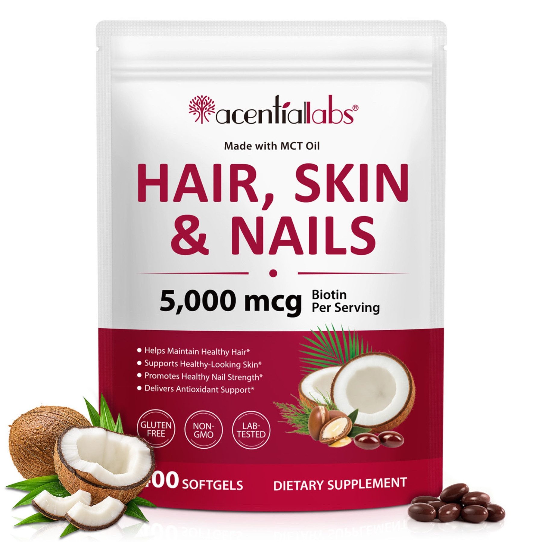 Acentiallabs Biotin Hochdosiert für Haut Haare Nägel Gummies mit Vitaminen Softgels, Haarepflege, Wohlbefinden, Hochdosiert, Anti-Falten