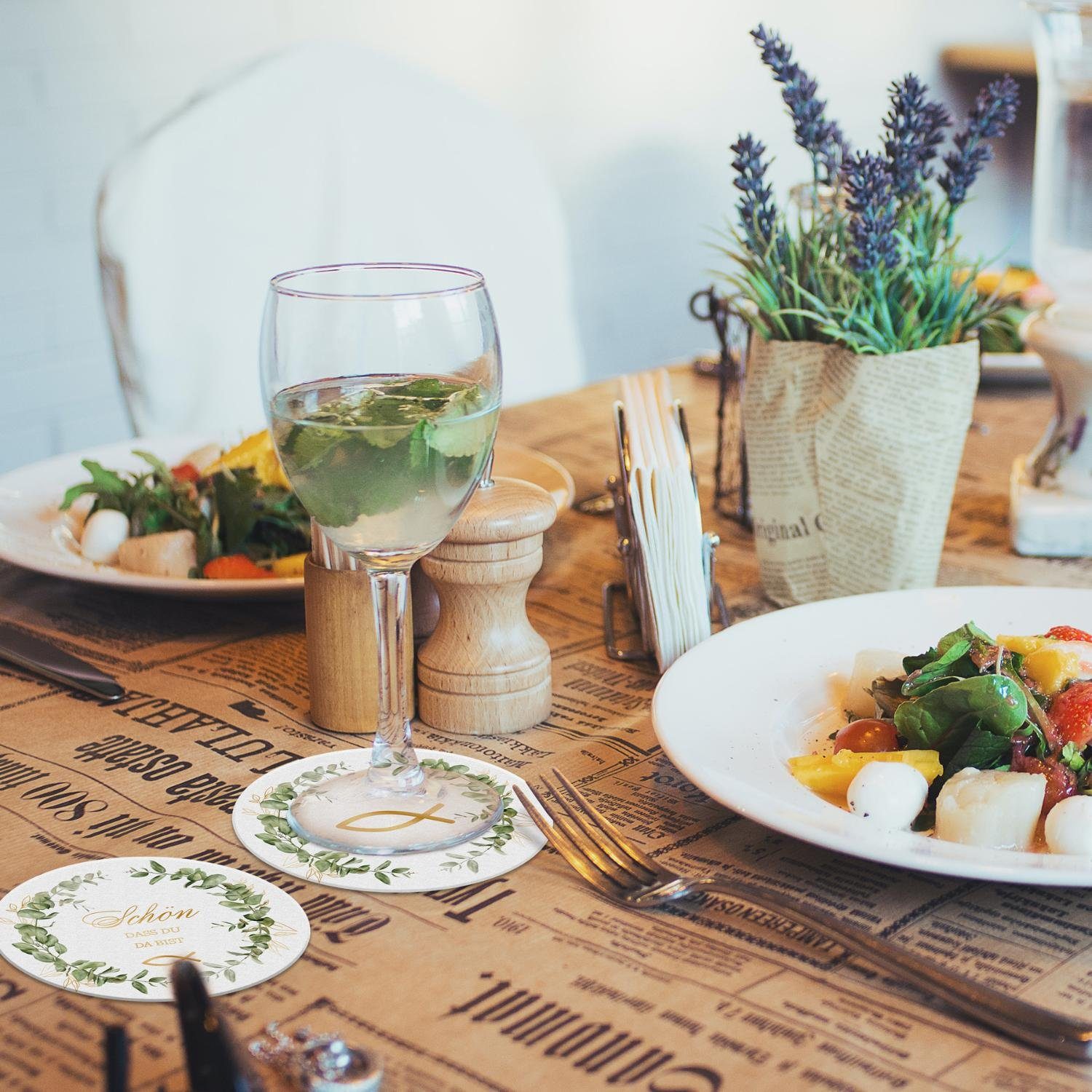 itenga Bierdeckel itenga 40x Bierdeckel rund Fisch Eukalyptus grün gold für Kommunion Ko
