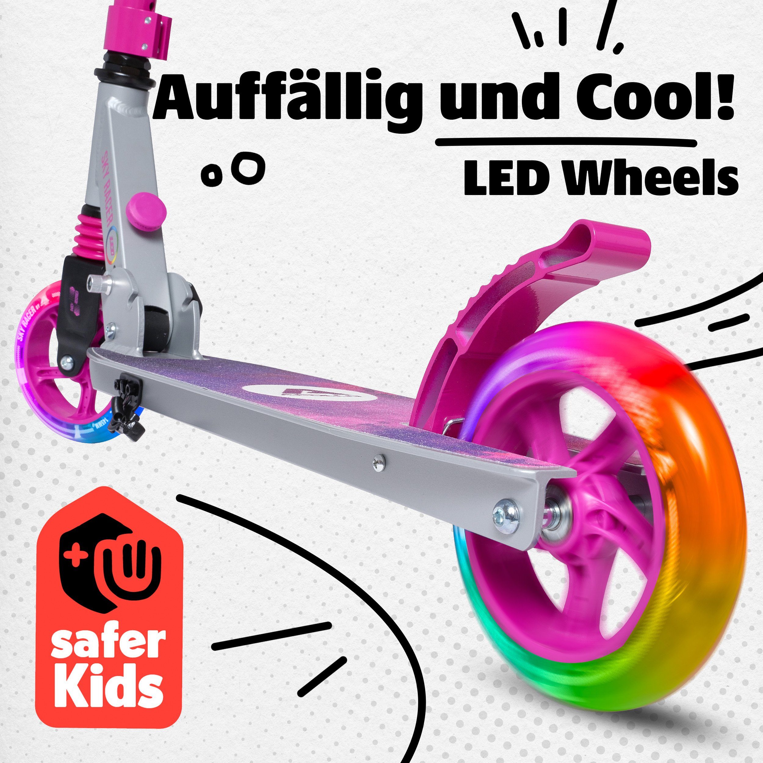 Apollo Cityroller Skyracer LED City Scooter Kinder, Tretroller mit Federung, klappbarer Kinderroller, höhenverstellbar