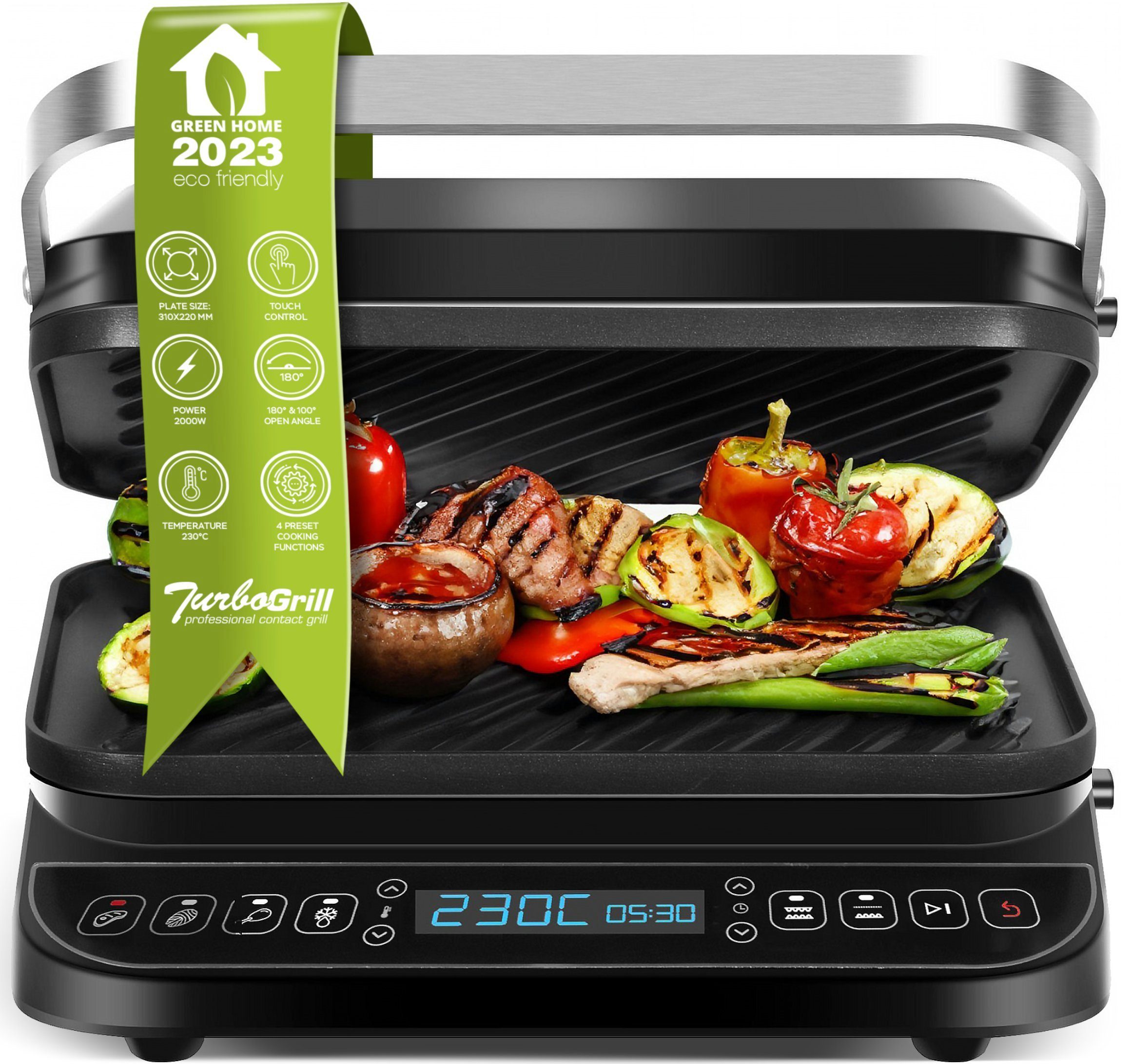 TurboTronic by Z-Line Elektrogrill 2000 W digitaler Kontaktgrill mit LCD, abnehmbaren Platten, 180 Grad, 2000 W, Sandwichmaker, bis 230 Grad, Tischgrill, Paninimaker, Toaster