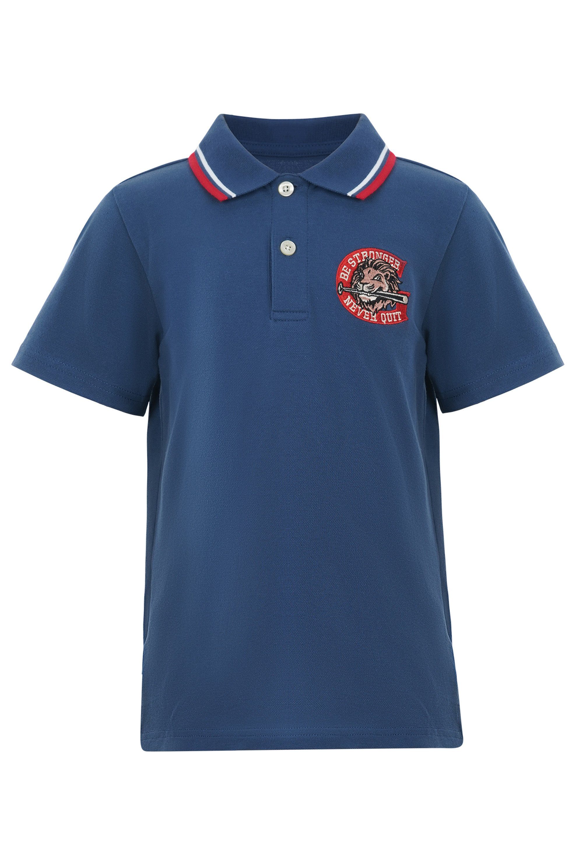 GIORDANO Style Poloshirt blau-meliert toller Löwen-Stickerei Comic mit Retro junior