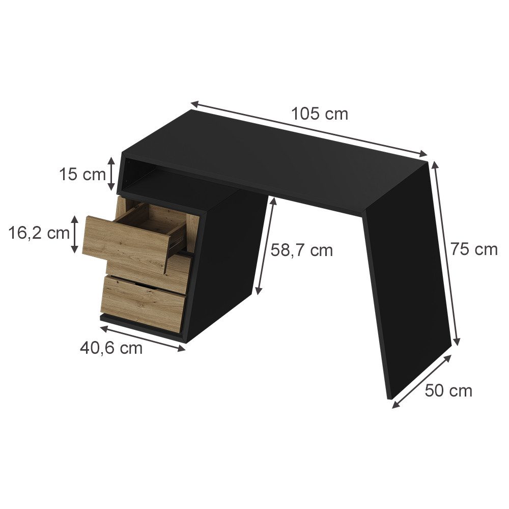 Vicco Schreibtisch Okaro, Anthrazit/Eiche, 105 x 50 cm mit 3 Schubladen (1-St)