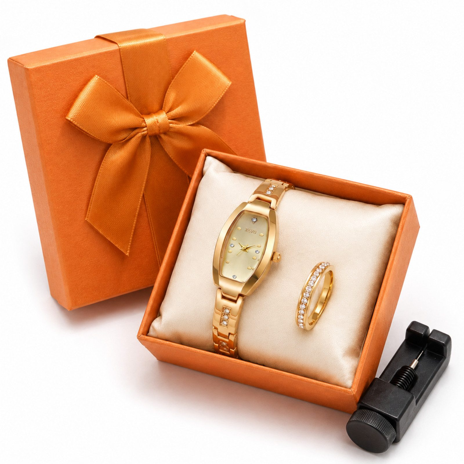 Luckice Quarzuhr Premium Damen Schmuckset mit Quarz-Armbanduhr & klassisches Armband, (22mm Edelstahl-Zifferblatt mit Zirkonia-Steinen, Exklusives Geschenkset für Frauen, 2-tlg., Muttertag/Valentinstag/Weihnachten in Präsentbox)
