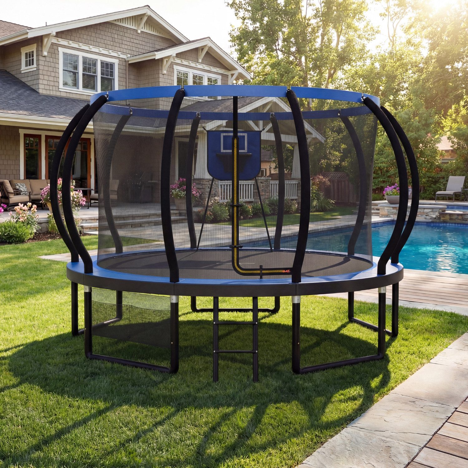 HOMALL Gartentrampolin Basketballkorb-Trampoline, Outdoor-Trampoline, Kindertrampoline, Ø 366 cm, (228/305/366/427 cm, komplett mit Basketball, Pumpe, Sicherheitsnetz, Leiter und 360°-Geländer, maximale Belastbarkeit 150 kg)