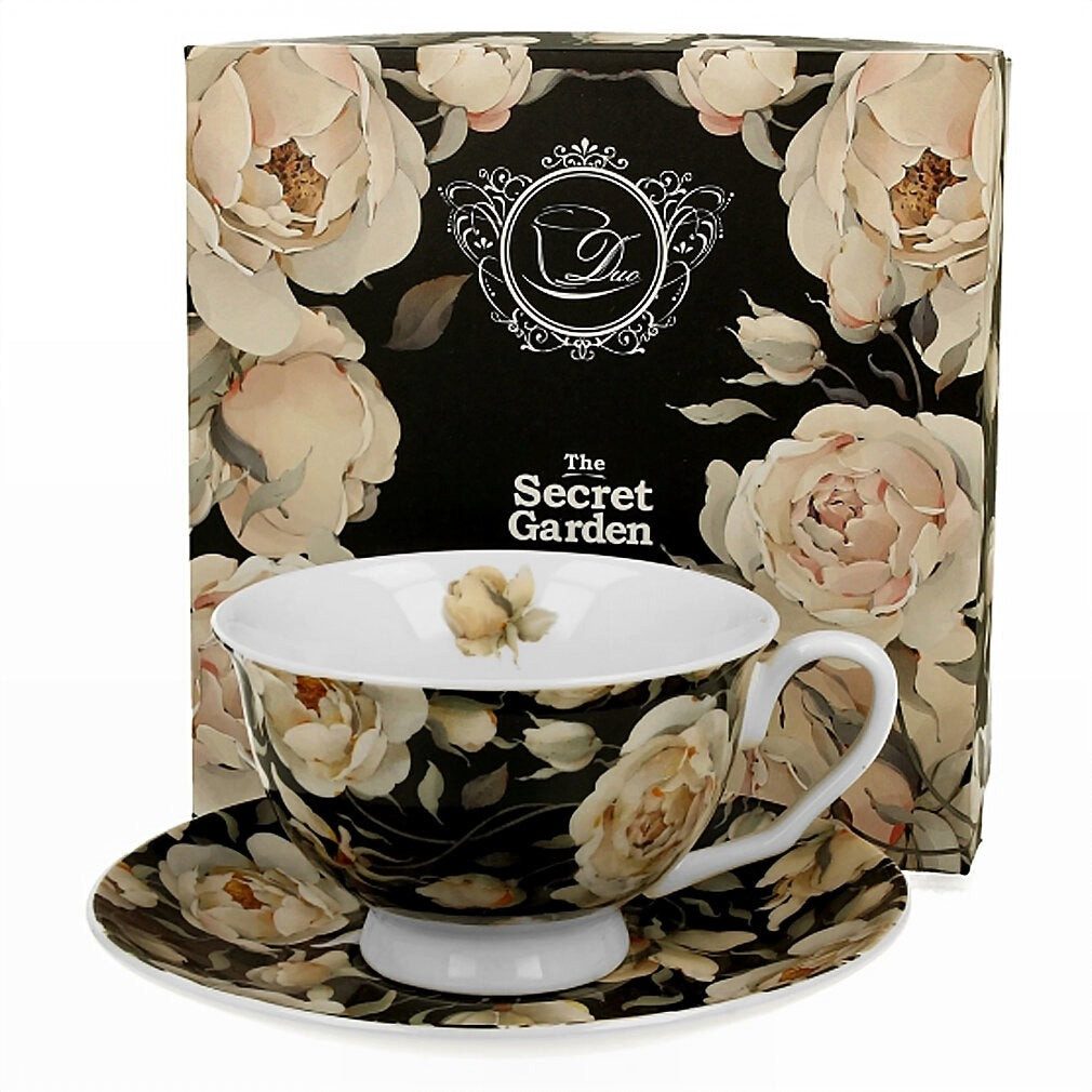 Duo-Gift Tasse Vintage Duo Tasse mit Untertasse Englische Rosen schwarz 230 ml, Fan Tasse
