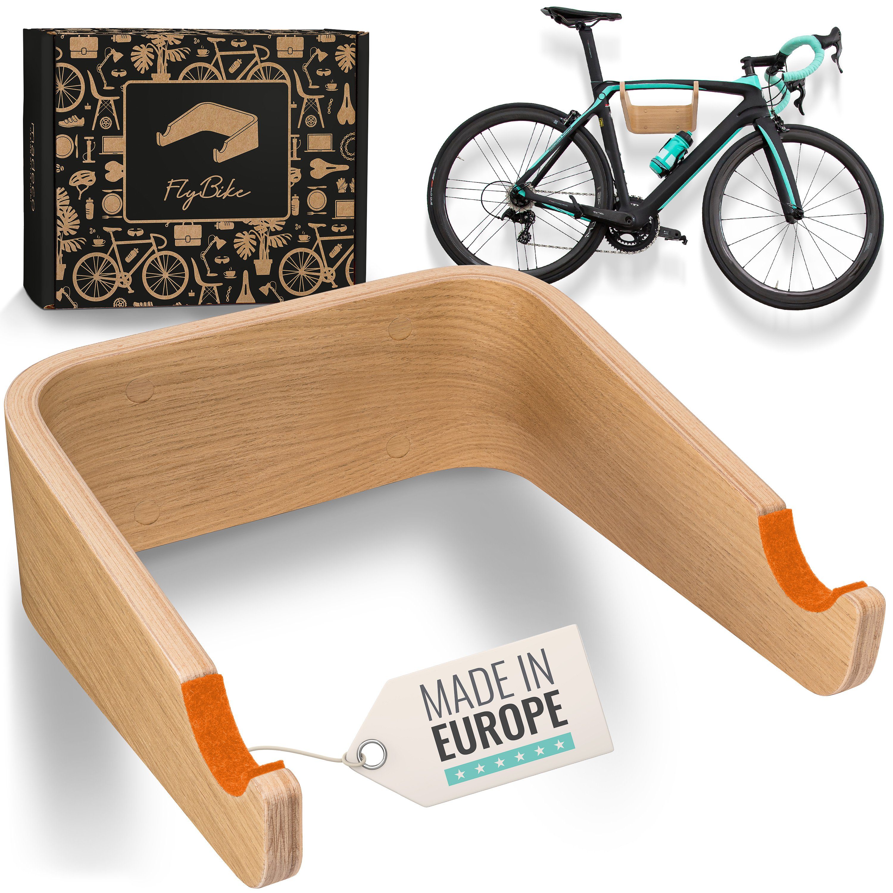 madeco FlyBike Fahrrad Wandhalterung Holz - Design Fahrradhalter für Wohnung (mit Fischer Dübeln und Wollfilz Rahmenschutz), für Rennrad, Gravelbike, Mountainbike, Fixie