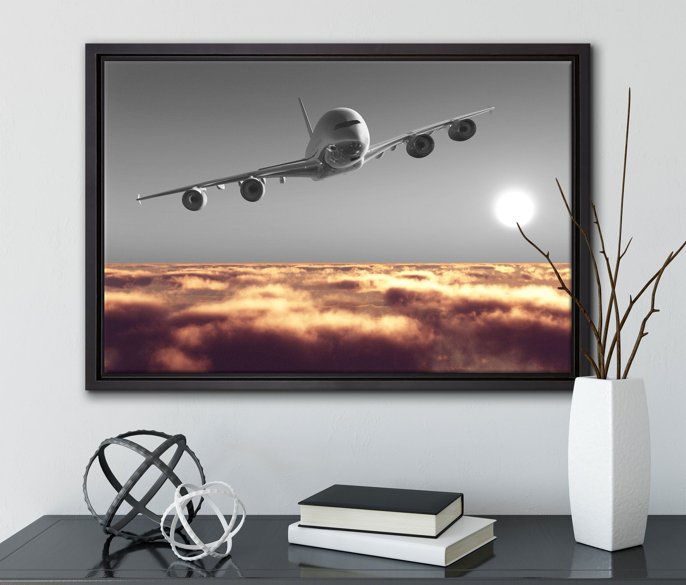 Pixxprint Leinwandbild Flugzeug bespannt, Schattenfugen-Bilderrahmen Zackenaufhänger in St), Wolkenmeer, einem über Leinwandbild Wanddekoration inkl. fertig (1 gefasst