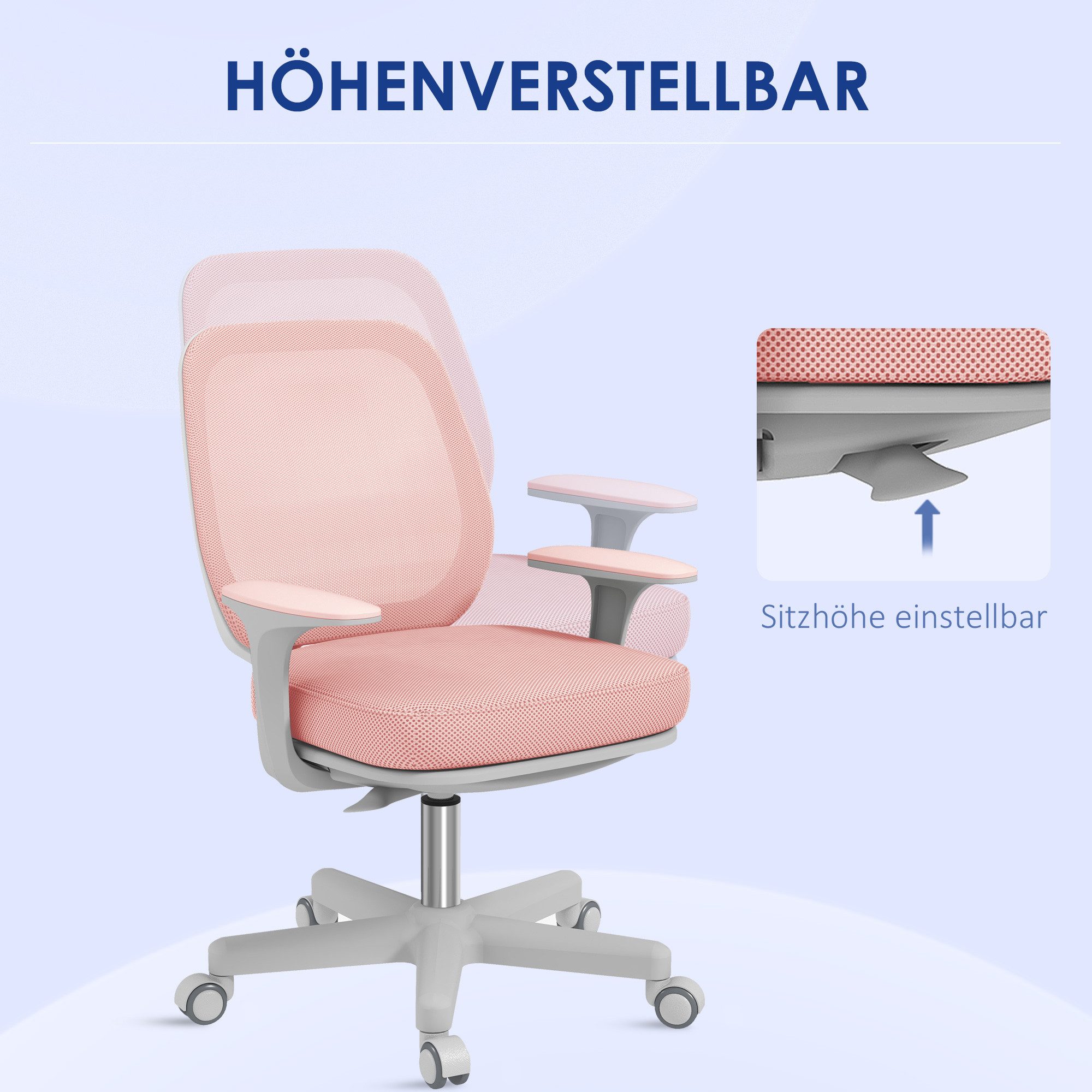 Vinsetto Bürostuhl Schreibtischstuhl mit Drehfunktion, höhenverstellbar Computerstuhl (ergonomisch Schreibtischstuhl, 1 St), für Home-Office, Polyester, Rosa – Bild 5 von 5