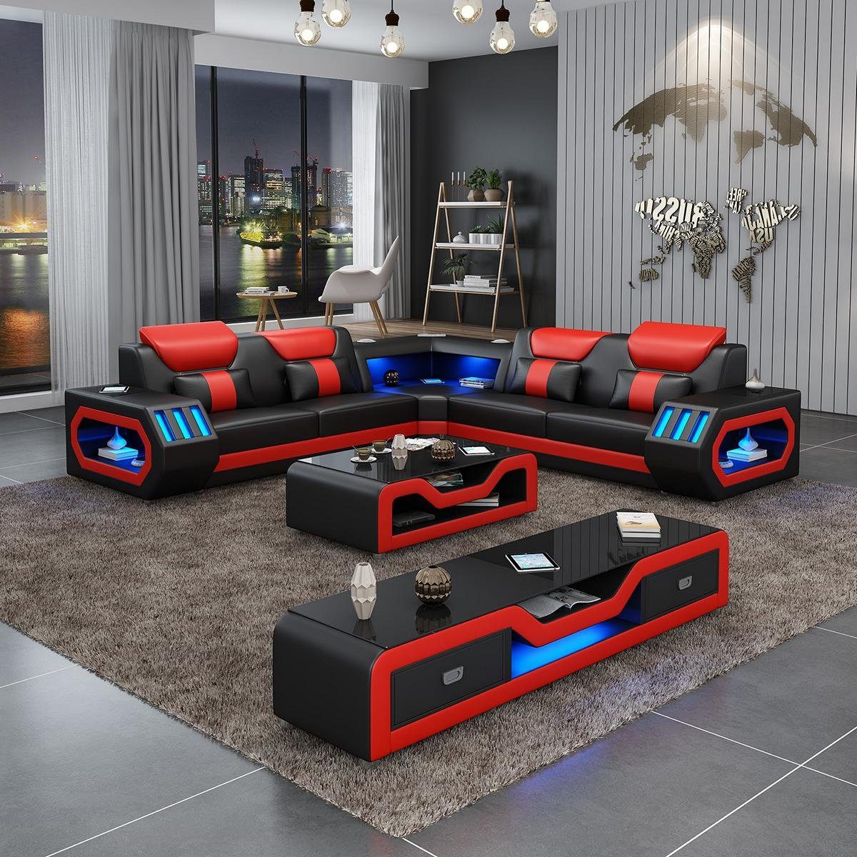 JVmoebel Wohnzimmer-Set, Ecksofa L Form Couchtisch Sofa Couch Design Polster Leder Modern Blau Schwarz/Rot