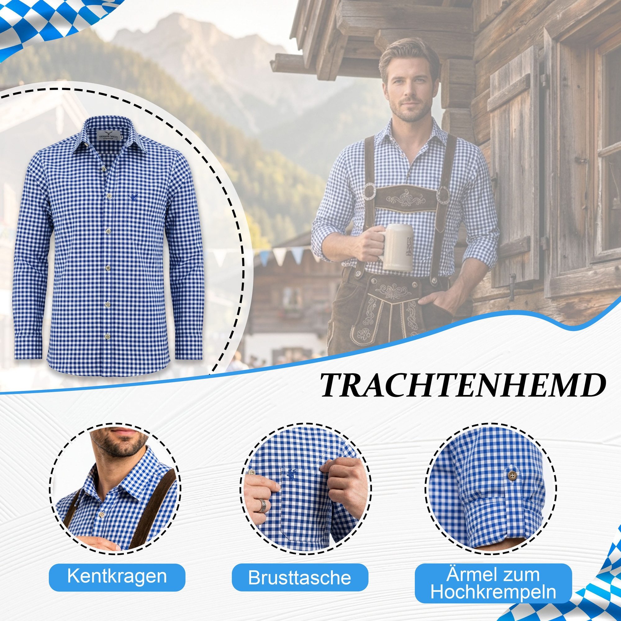German Wear Trachtenlederhose Trachten Set + Hemd Blue (5-Teilig Set) Trachten Set Hose, Hemd, Schuhe, Socken & Hosenträger