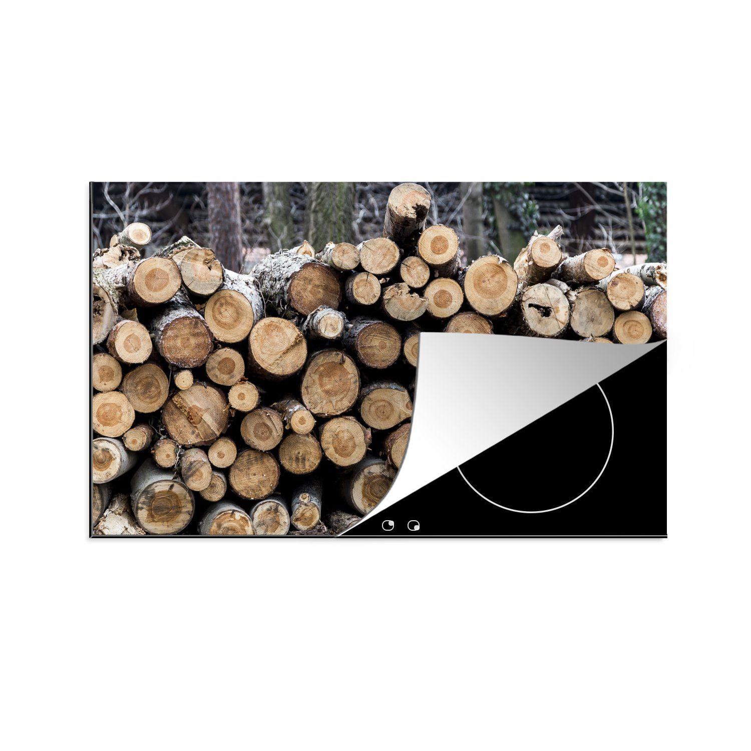 MuchoWow Herdblende-/Abdeckplatte Dutzende von Baumstämmen in der Natur aufgestapelt, Vinyl, (1 tlg), 83x51 cm, Ceranfeldabdeckung, Arbeitsplatte für küche