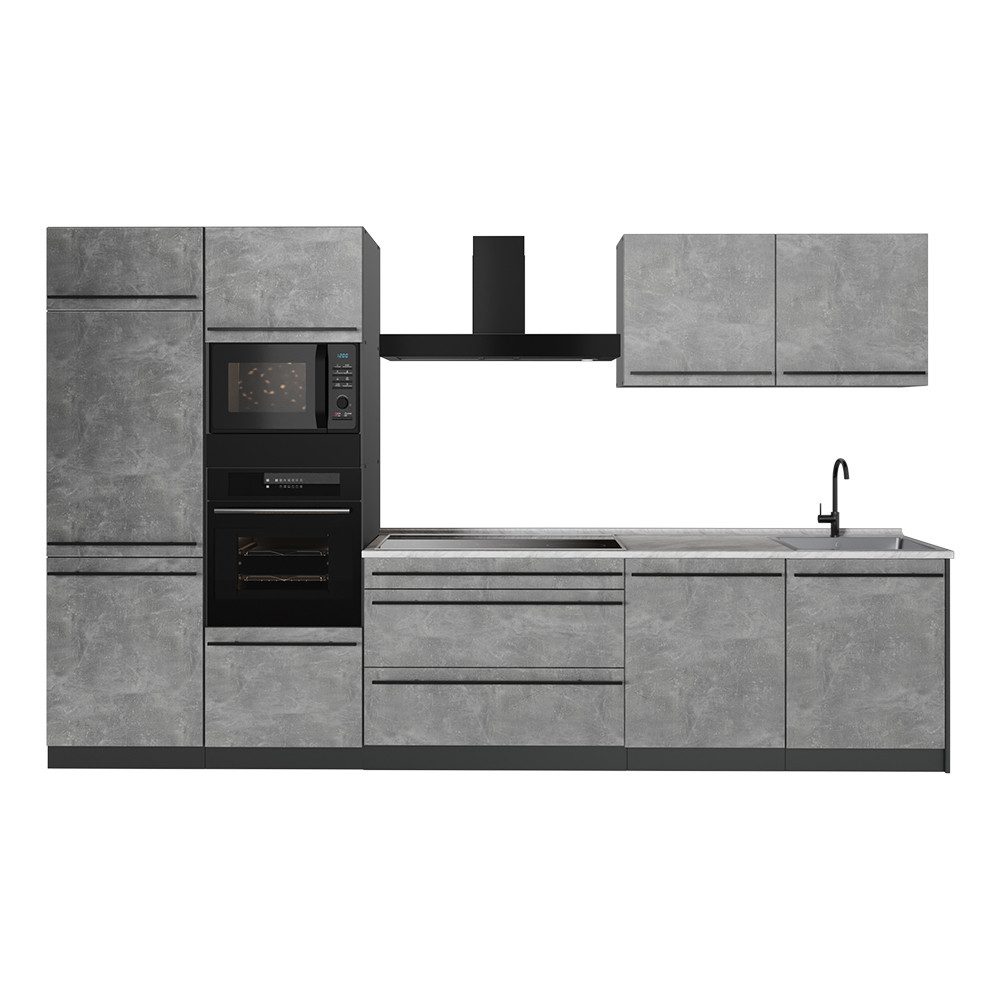 Vicco Küchenzeile R-Line, Beton/Anthrazit, 340 cm Arbeitsplatte Marmor
