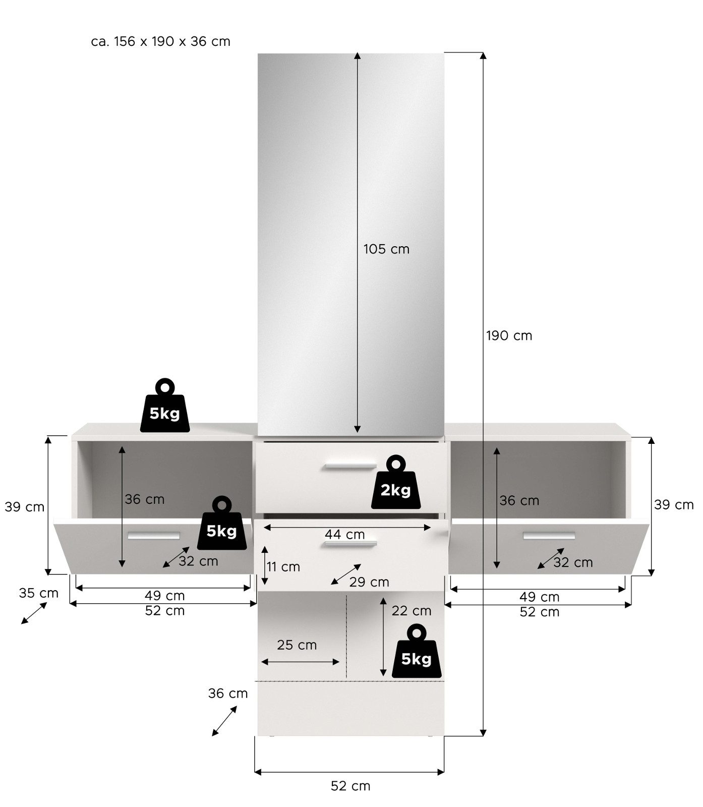 Inn.Furn Garderoben-Set Carry, (in weiß, 3-St., Garderobenkombination 156 x 190 cm), mit Spiegel