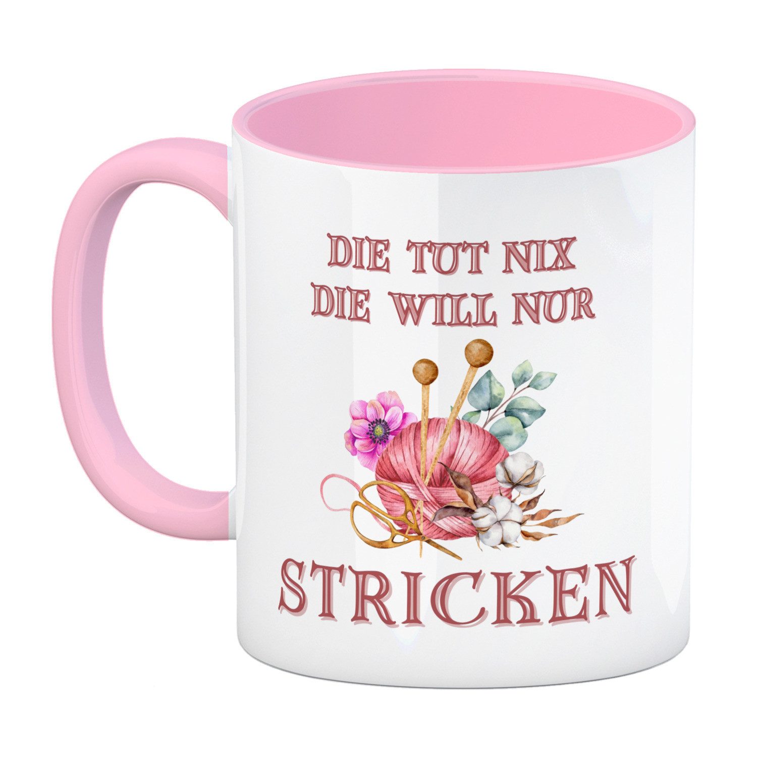 speecheese Tasse Stricken Kaffeebecher in rosa mit Spruch Die tut nix will nur