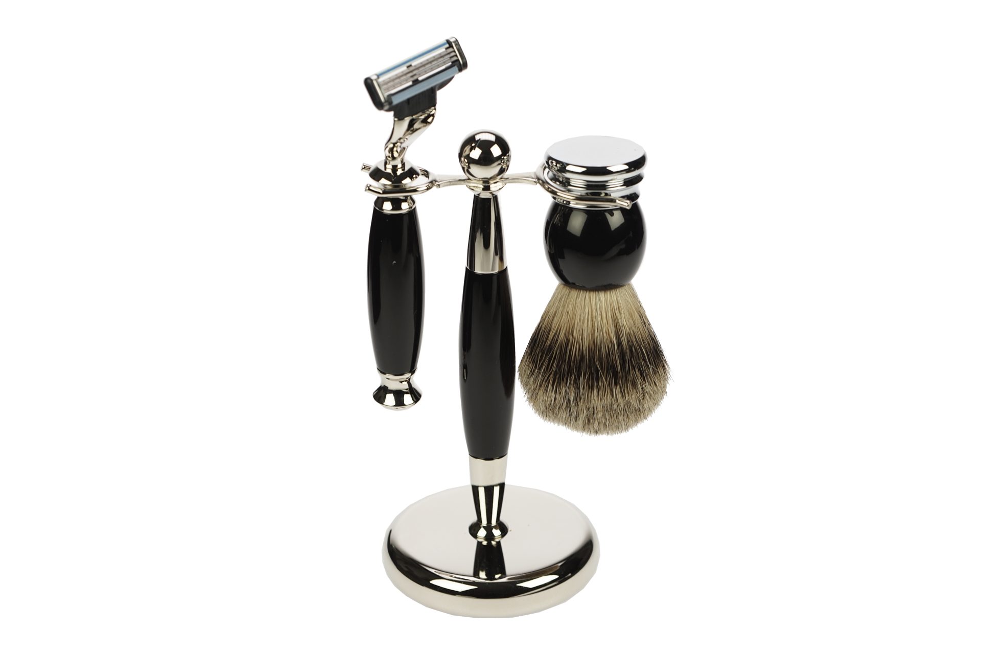Fantasia Beauty Rasierset-Ständer Rasier-Set schwarz/silber, Pinsel Rein Dachs, Rasierer Mach 3, 1-tlg., Mach 3 Klinge
