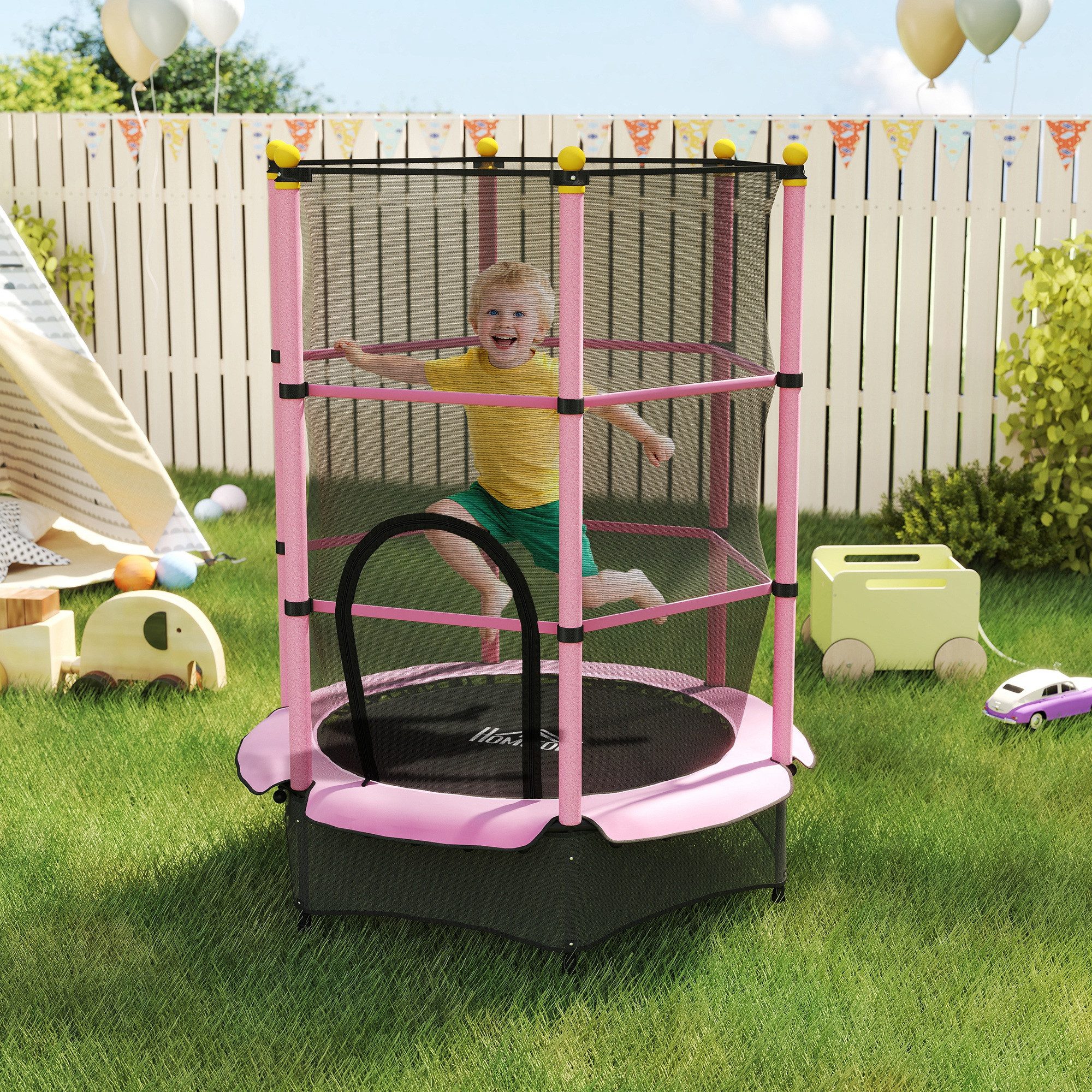 HOMCOM Kindertrampolin Trampolin Outdoor mit Sicherheitsnetz, Randabdeckung, Ø 140 cm, (Indoor Trampolin, 1 tlg., Trampolin), für Kinder 3-10 Jahre, bis 50 kg belastbar, Rosa